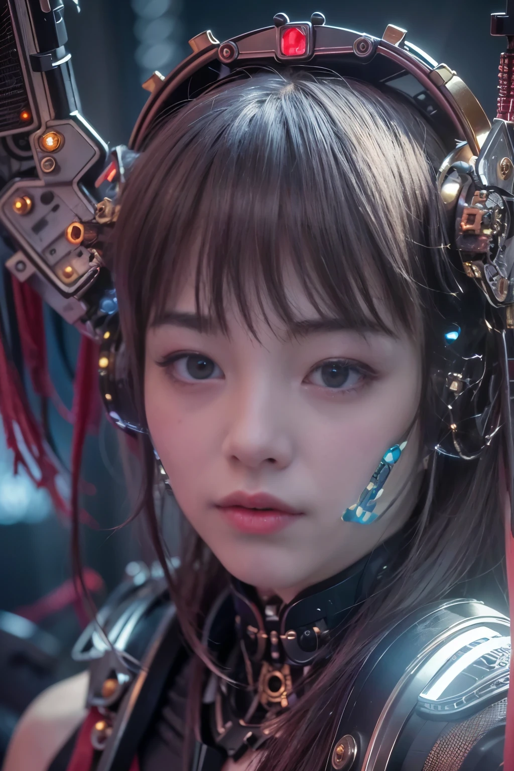 (top-quality:1.2, masterpiece)、ultra high resolution、extremely ultra surrealism, (Photorealsitic:1.4)、Raw photo、(Steampunk Battle Cyborg fallen angel)、large wings made of metal、black porcelain body、red hair、glowy skin、1 Cyborg girl、(mechanical frame:1.3)japanese, extremely cute face, ((super realistic details))、portrait、globalillumination、Shadow、octan render、8K、ultrasharp、character edge light、Details of complex ornaments、Acrylic Clear Cover、Sumerian details、Hydraulic cylinder、Small LED lamp、highly intricate detail、Realistic light、a purple eye、radiant eyes、Facing the camera、neon details、cowboy shot、Futuristic headgear、About Cyberpunk