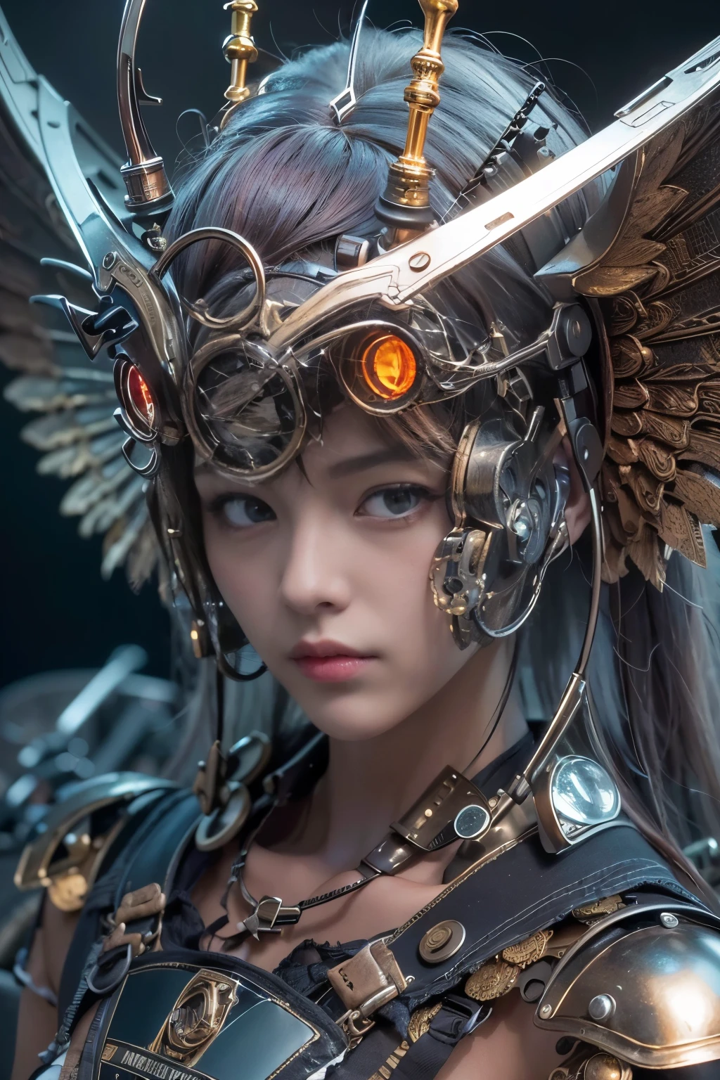 (top-quality:1.2, masterpiece)、ultra high resolution、extremely ultra surrealism, (Photorealsitic:1.4)、Raw photo、(Steampunk Battle Cyborg fallen angel)、large wings made of metal、black porcelain body、red hair、glowy skin、1 Cyborg girl、(mechanical frame:1.3)japanese, extremely cute face, ((super realistic details))、portrait、globalillumination、Shadow、octan render、8K、ultrasharp、character edge light、Details of complex ornaments、Acrylic Clear Cover、Sumerian details、Hydraulic cylinder、Small LED lamp、highly intricate detail、Realistic light、a purple eye、radiant eyes、Facing the camera、neon details、cowboy shot、Futuristic headgear、About Cyberpunk