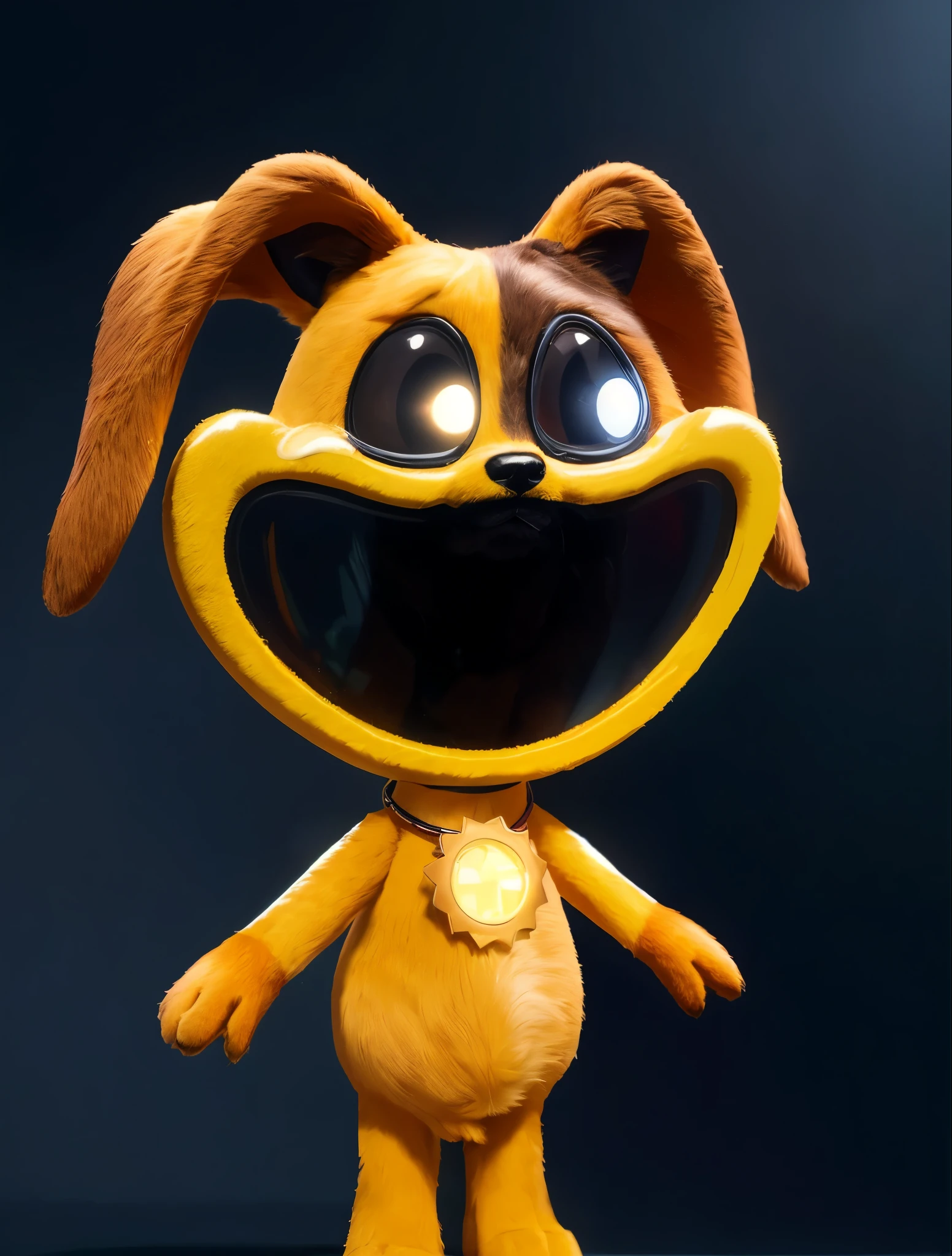 A yellow toy fuffy dog with a red collar and tag, it has a sad look on its face. It has big eyes and a round nose. The background is black. Dog is crying with tears, orange fur, furry character portrait, purple metal ears, cosplay photo, furry texture, smooth 3d model, toy, multiple light sources, rim light, sharp post effects render, (fur texture with multiple big light probe refractions), perfect cgi, smooth silhouette, high intensity refraction, (super furry material), most beautiful vfx, dark background, fur, realistic, 4k, high resolution, rim light, photo shoot, commercial photo, profile shot, 4k, rim light, high resolution, 4k, texture, smooth 3d model, multiple light sources, rim light, sharp post effects render, cgi art created only with gradients, smooth silhouette, high intensity refraction, most beautiful vfx, rim light, sharp post effects render, perfect cgi, digital art, detailed digital art, reflective, best quality, 4k, masterpiece:1.2, ultra-detailed, realistic, vivid colors, dark and moody lighting, The image of the highest quality, ensuring every detail showcased perfectly. It in 4k resolution, allowing viewers to immerse themselves in the richness of the colors and intricate details. The realistic rendering. under the spotlight, reflecting, high-resolution image, realistic rendering, dark background, and rim light photorealistic
