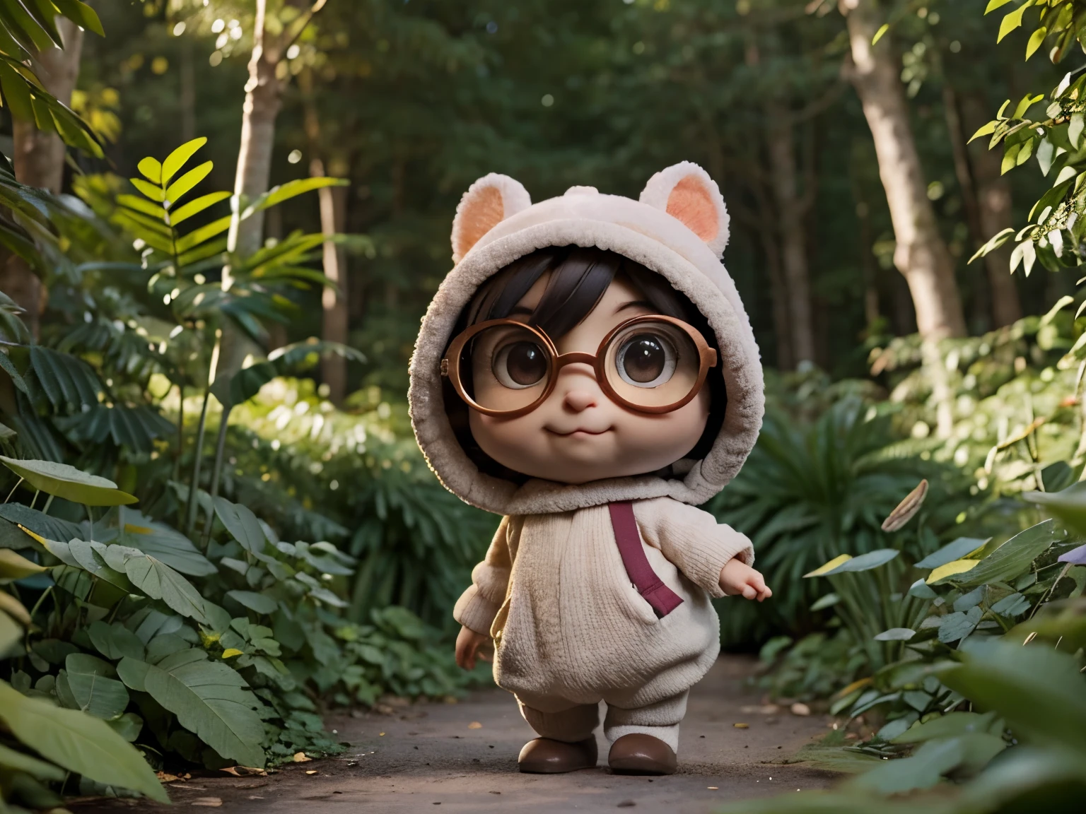 ponda mignon，poilu，porter un sweat à capuche,Porter de jolies lunettes。C&#39;est male，Parce qu&#39;Walk through the forest where various animals live.,, style Disney et Pixar, chiffres mignons, Comic book characters, Rendu 3D, Sparkling light, Couleurs vives,High level of quality&#39;image、pour un excellent travail
Info
