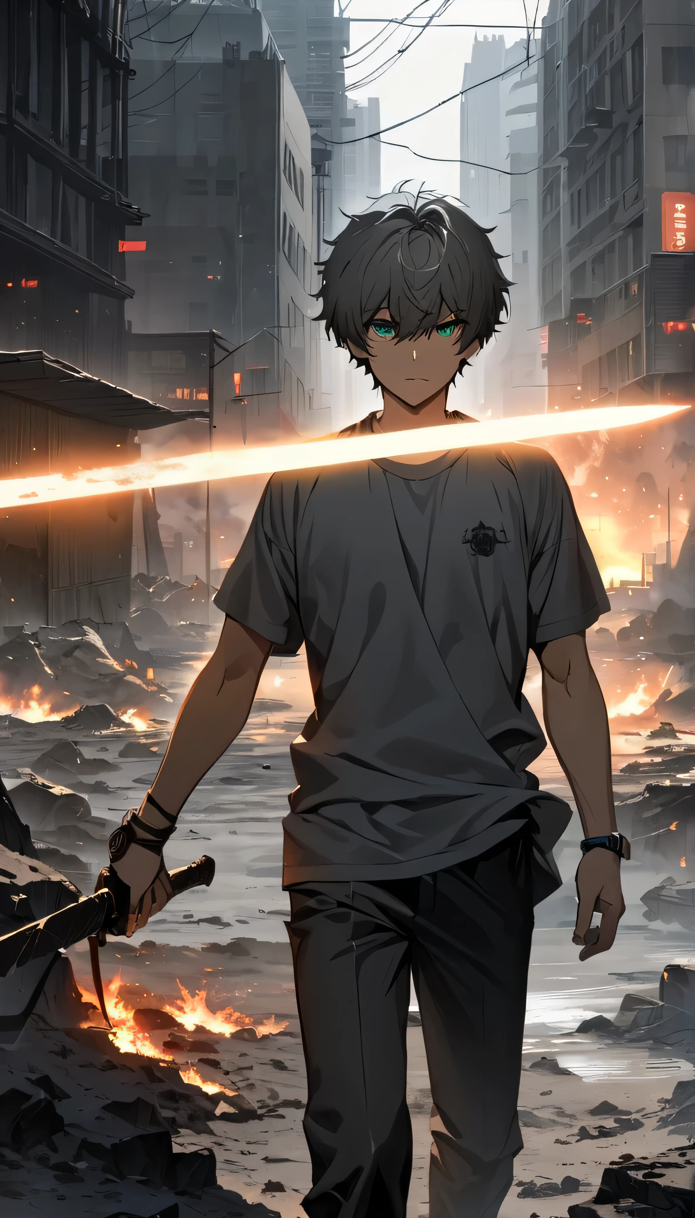 Resolution full, best quality, masterpiece, full HD, foggy theme, super detailed, 1boy, young boy. oreki hotarou. silver hair, detailed beautiful Aqua eyes, grey T - shirt. Long black pants. in wasteland, in burning city, holding glowing sword, shadows surroundings boy, has a lighting power