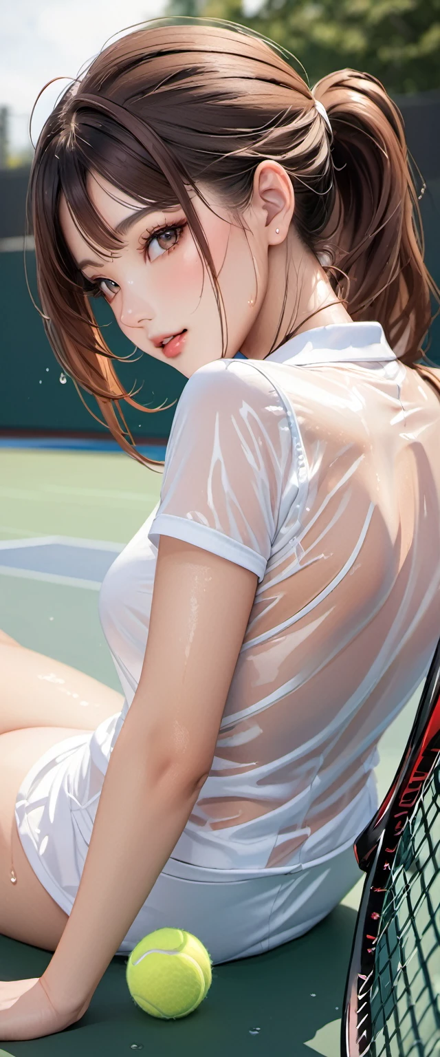 (masterpiece,highest quality,超A high resolution),japanese woman, (((Very beautiful 25 year old girl))), pretty girl、look at the photographer､  ((beautiful low ponytail)), super cute face, glossy lips, double eyelids in both eyes,natural smile、 natural makeup, long eyelashes, shiny smooth hair､center image,  perfect limbs, perfect anatomy,(((Women's Tennis Uniforms)))、,(wet with sweat),,look back,See-through