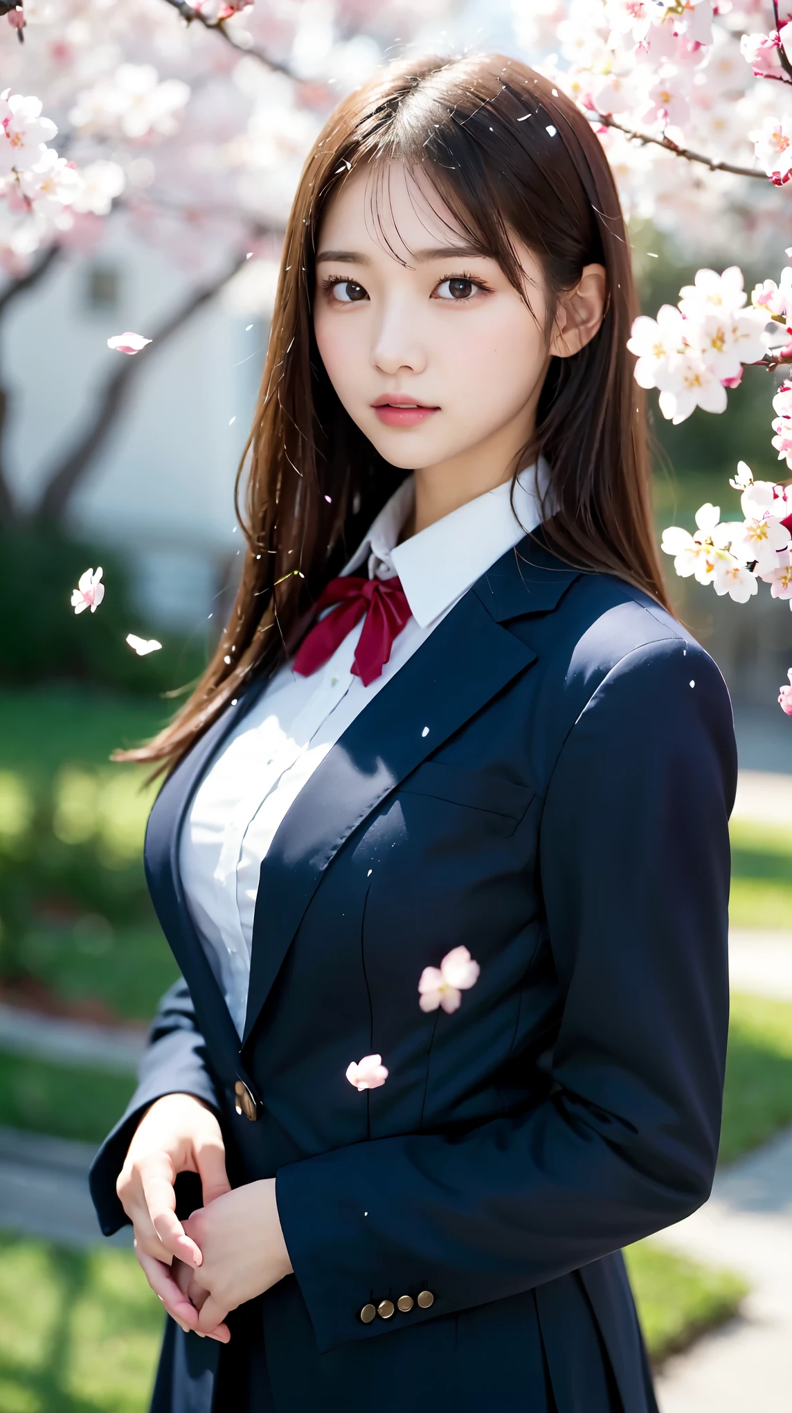 graduation ceremony、high school girl、uniform 、blazer、Rows of cherry blossom trees in full bloom、Cherry blossom confetti、perfect proportions、cute、(big breasts:1.2)、((18 year old female:1.2))、若い愛らしい日本人のface, （light_笑face：0.3），official art，Highly detailed CG Unity 8K wallpaper、bright_front_face_lit，（masterpiece:1.0),(highest quality:1.0), 超A high resolution,4k,Super detailed, photo shoot, 8K, nffsw, High resolution, absurd:1.2, film grain, lens flare glow,soft portrait shot,8K、View viewer