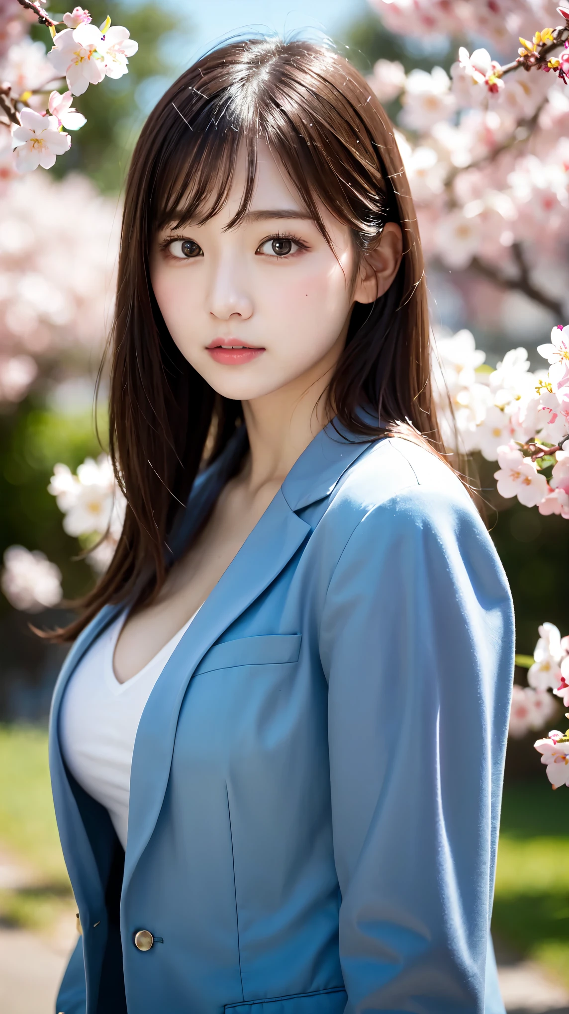 graduation ceremony、high school girl、uniform 、blazer、Rows of cherry blossom trees in full bloom、Cherry blossom confetti、perfect proportions、cute、(big breasts:1.2)、((18 year old female:1.2))、若い愛らしい日本人のface, （light_笑face：0.3），official art，Highly detailed CG Unity 8K wallpaper、bright_front_face_lit，（masterpiece:1.0),(Highest_quality:1.0), 超A high resolution,4k,Super detailed, photo shoot, 8K, nffsw, High resolution, absurd:1.2, kodak portrait 400, film grain, lens flare glow,高いest quality,8K,nffsw:1.2),(cute日本の***),(masterpiece、高いest quality) 、soft portrait shot,8K、View viewer