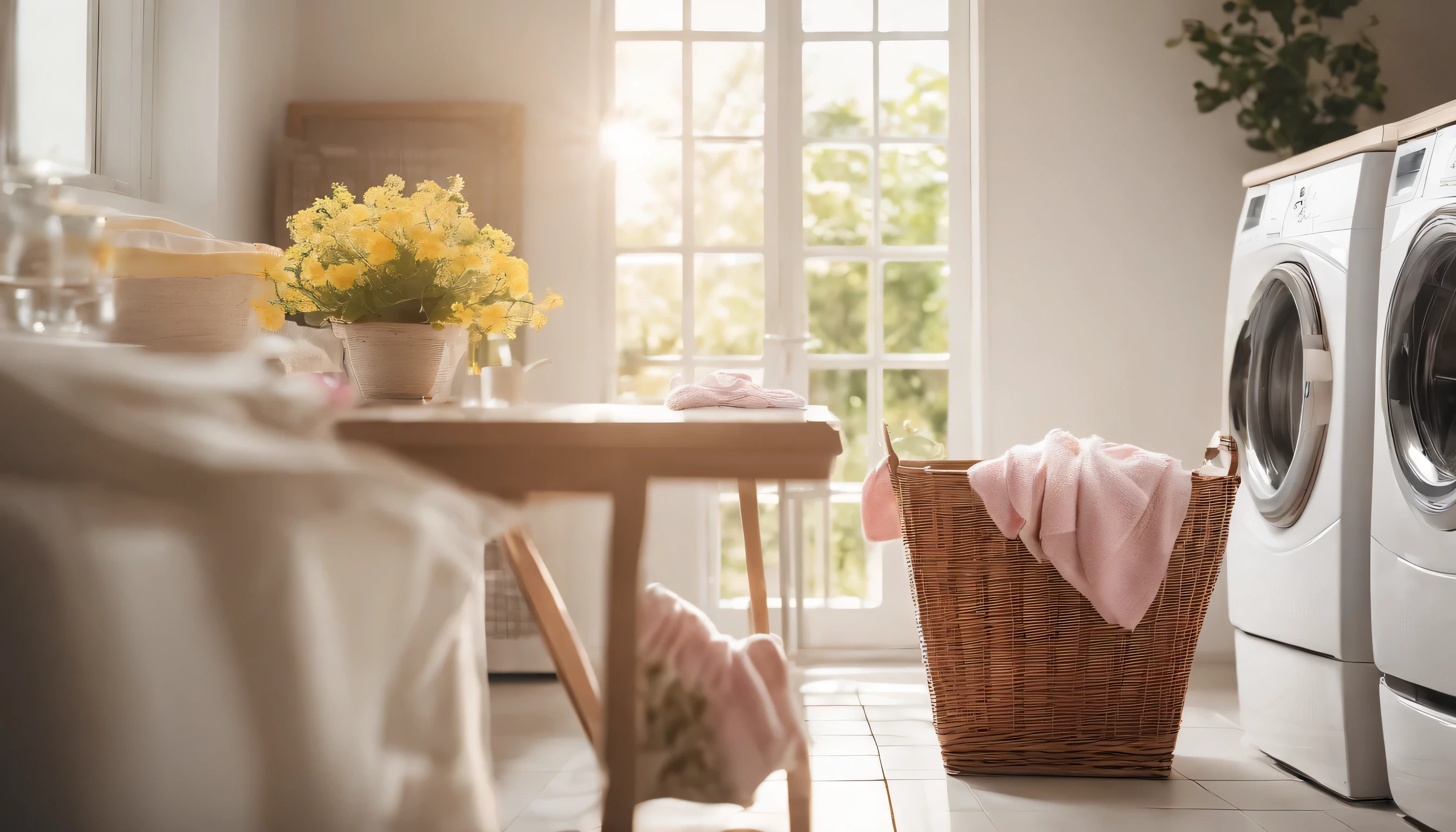 laundry room、1 washing machine、Folded towel、basket、plant、White flower、pink flowers、yellow flower、The morning sun shines in、A room with a white base、Relaxing Mood