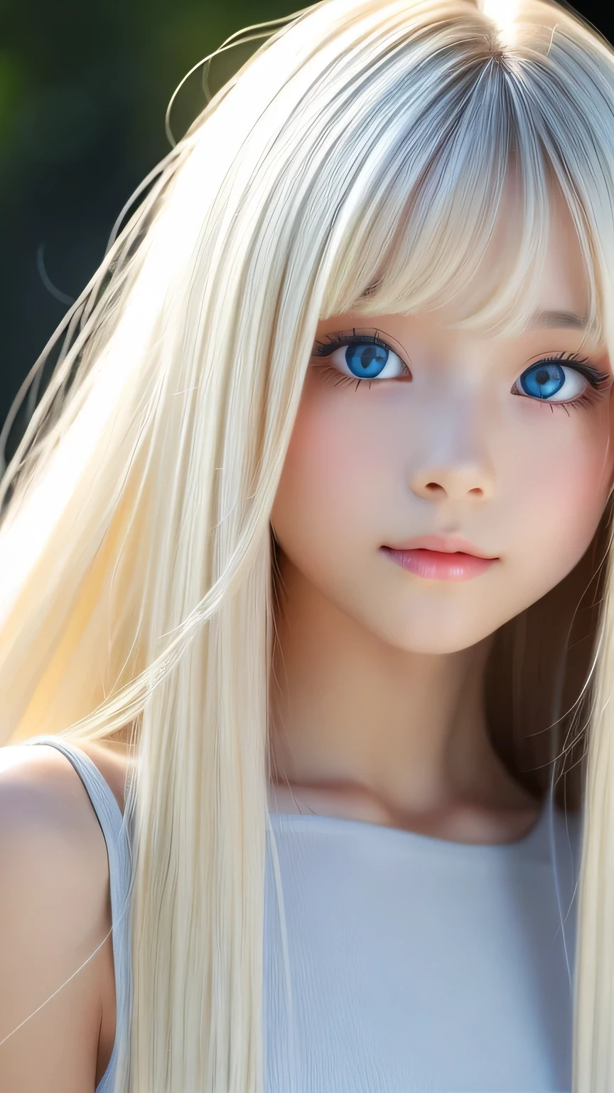 Shiny, beautiful white skin、Hair color changes depending on the light、bangs over eyes、cheek gloss highlights、sexy and very beautiful, Ladylike, cute, gorgeous face、the most beautiful face in the world、The most beautiful super long platinum blonde hair in the world、smooth, Super Long Straight Silky Hair、bright light blue eyes, lighting equipment、beautiful pony、Beautiful 15 year old Swedish girl、baby face