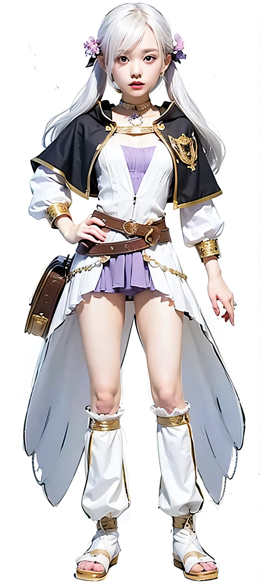 20 year old girl, white hair, pale skin, black cape, white featherlike dress, brown book and belt, clear face, purple eyes