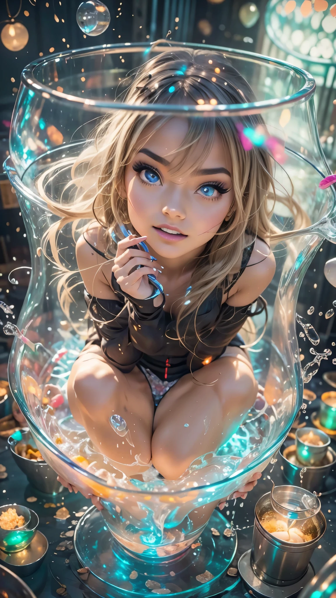 Masterpiece, high resolution, anime style beautiful girl, being in a dirty beaker, immersed in liquid, homunculus, magic circle, small room with phosphorescent flash, perfect beautiful girl, no clothes, luminous from within, staring at the viewer, laughter, 3d rendering, perspective, amazing anime illustration, impressive lighting, fantastic, dangerous, monstrous