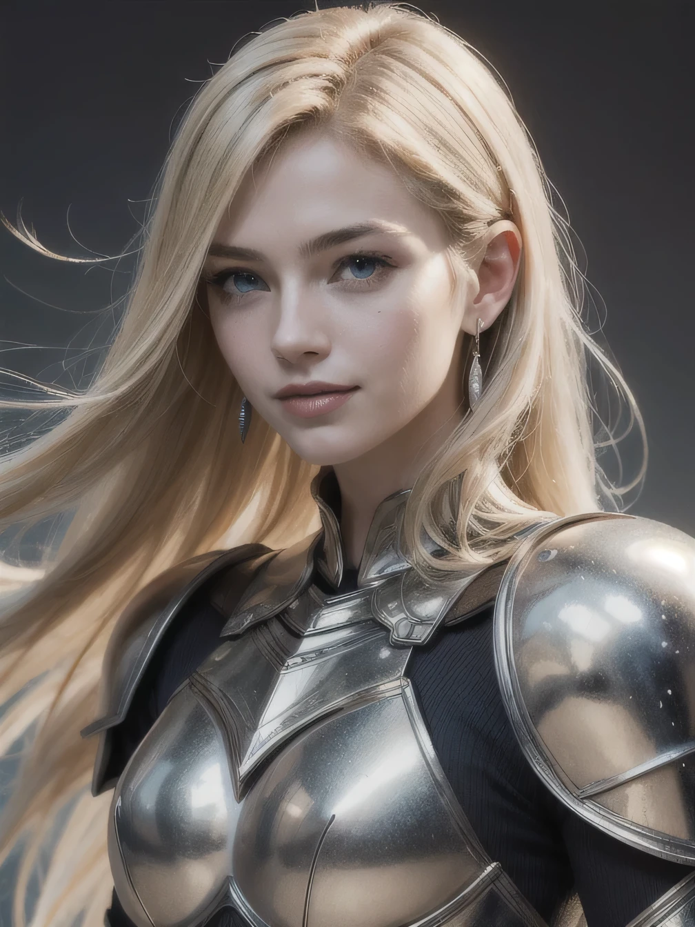 (masterpiece, highest quality), 1 girl, Portrait of a Female Knight, long, blond hair, pale skin, green eyes, symmetrical features, Thin function, Narrow features, Angelic Features,smile、beautiful teeth、ear piercing、 Detailed and intricately crafted armor, silver armor, Gold Element, highest quality, super detailed, intricate design, long sword, 8K, surreal, The background is a room in the castle