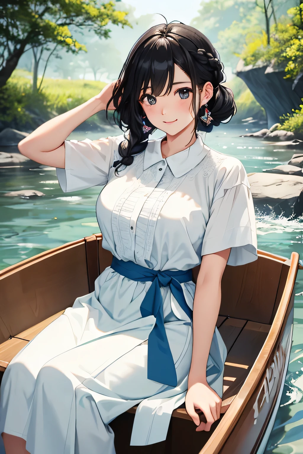 ((highest quality:1.4))、((High resolution))、(detailed background)、((detailed beautiful face:1.4))、(anatomically correct)、(detailed facial expressions)、beautiful and smooth skin、beautiful teenage girl、two beautiful girls、(huge breasts:1.2)、cute hair color、braided bob、braided ponytail、realistic、perfect body line、cute、cowboy shot、Calm atmosphere、Even though her clothes are wet and transparent, she doesn't seem to mind and is laughing happily.、
((Two beautiful girls watching the sunset reflected on the river while rowing a canoe:1.5))、
The two of them are seen canoeing against the backdrop of a beautiful sunset.、
Two people holding hands while paddling a canoe in the gentle current、
relaxed atmosphere、They intentionally splash water on each other while paddling a canoe.、
They are smiling, splashing with water, and having fun joking with each other.、
Pack a canoe with food and drinks and have a picnic on the riverbank、
We exchange lunch boxes and spend relaxing time eating together.、
Kissing in the beautiful scenery of nature during a canoe tour、Romantic and cute、
With the sound of the river flowing and the wind in the background、
This sarong-style dress with a retro print is the perfect outfit for a canoe tour.、Add a ribbon or belt to your waist for a more feminine look.、
A loose-fitting shirt dress is perfect for a canoe tour.、
Open the buttons and put it on to enjoy a relaxed atmosphere.、
Choose comfortable shoes such as sneakers or sandals。
Pair it with a cute cap or sunglasses to make it even more stylish.、
If you choose accessories with UV protection, you can protect yourself from the sun.、cute