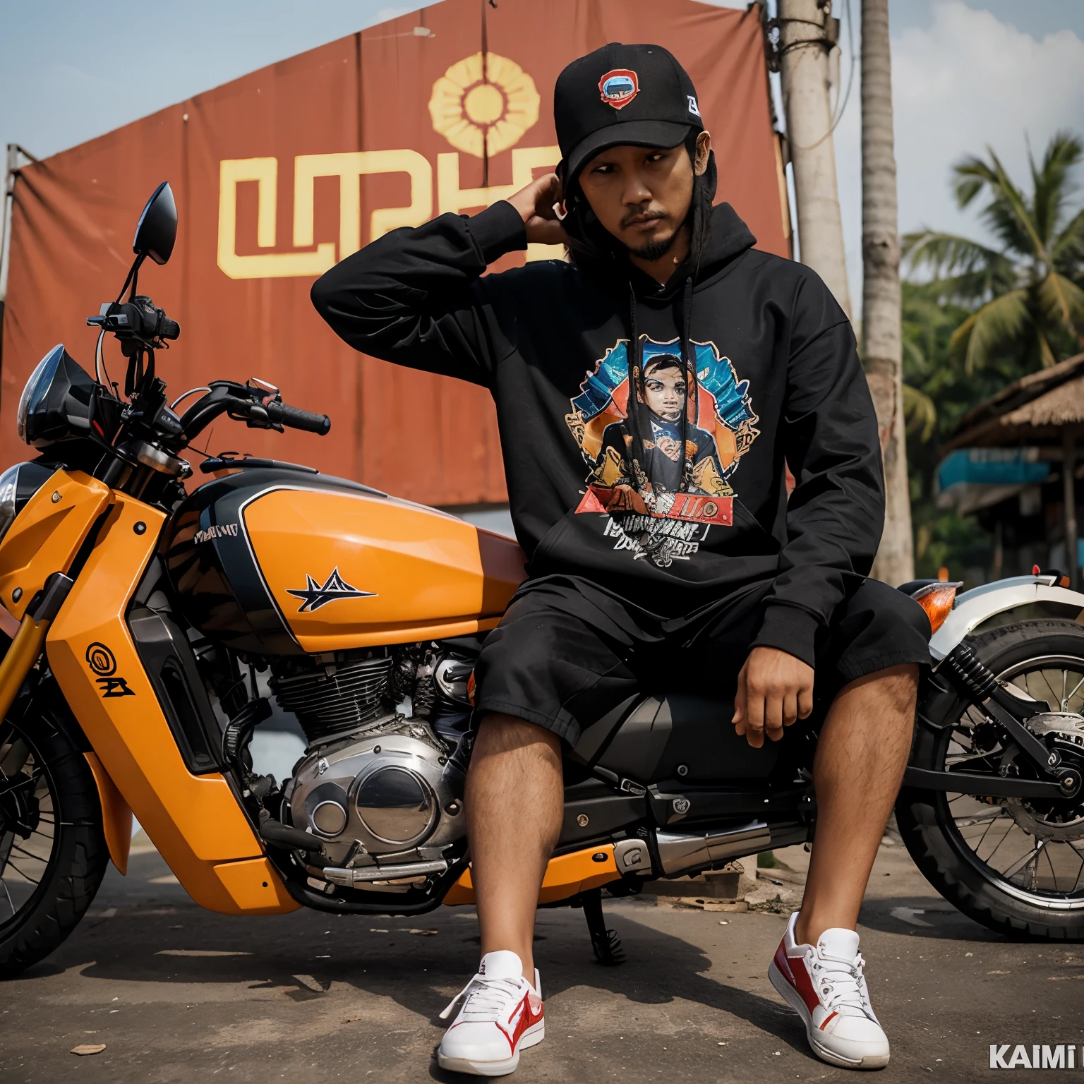 Karikatur 4D pria Indonesia berambut pendek,menggunakan Hoodie dan sepatu kets, mengendarai skuter matic di dekat pantai