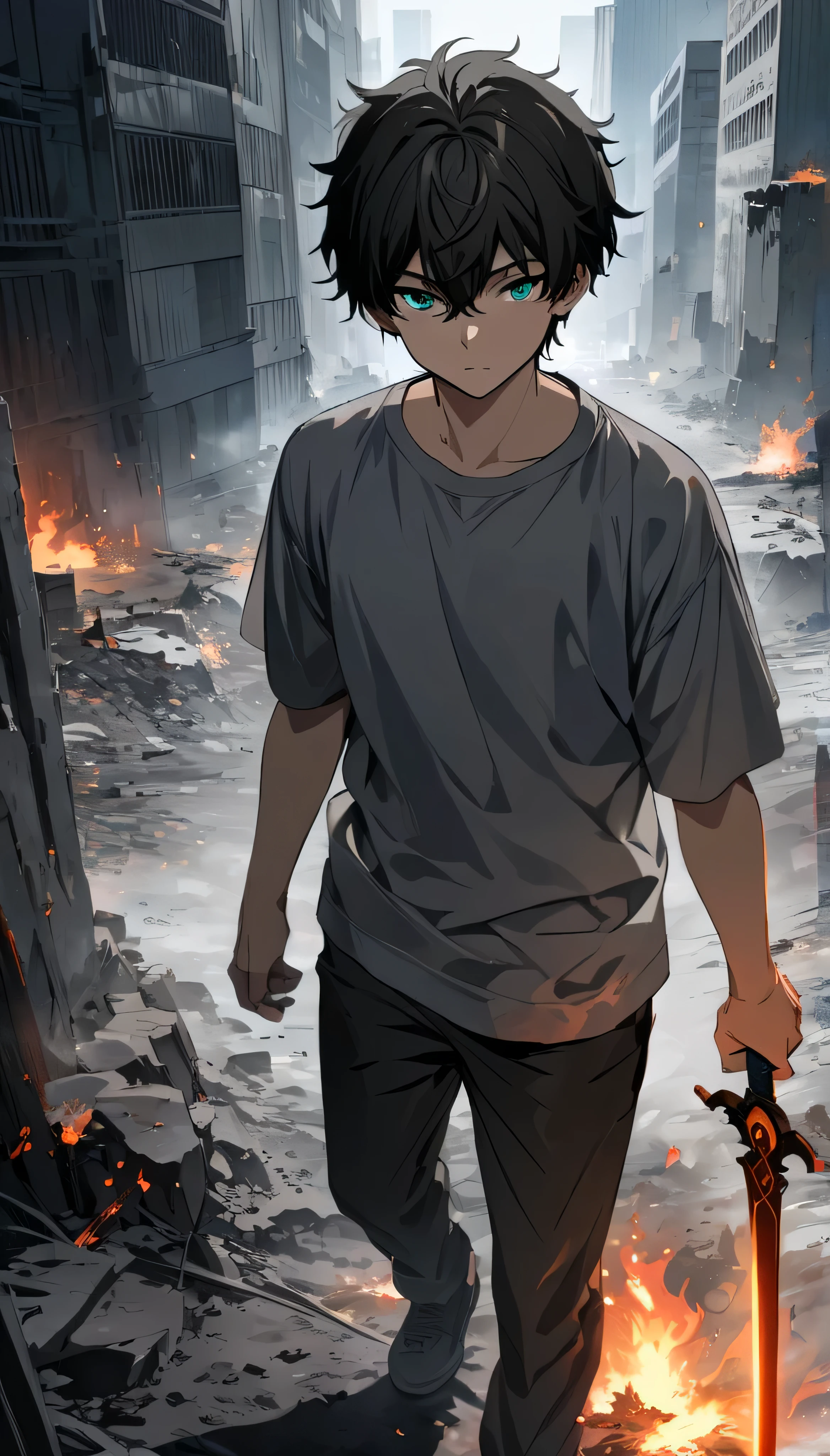 Resolution full, best quality, masterpiece, full HD, foggy theme, super detailed, 1boy, young boy. oreki hotarou. Black hair, detailed beautiful Aqua eyes, grey T - shirt. Long black pants. in wasteland, in burning city, holding glowing sword, shadows surroundings boy, has a lighting power