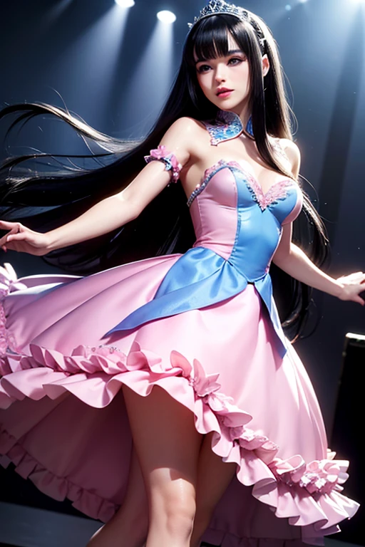 A  with long black hair,wearing a tutu,shes a ballerina on stage,her gown is pink,with blue eyes,detailed face,very cute