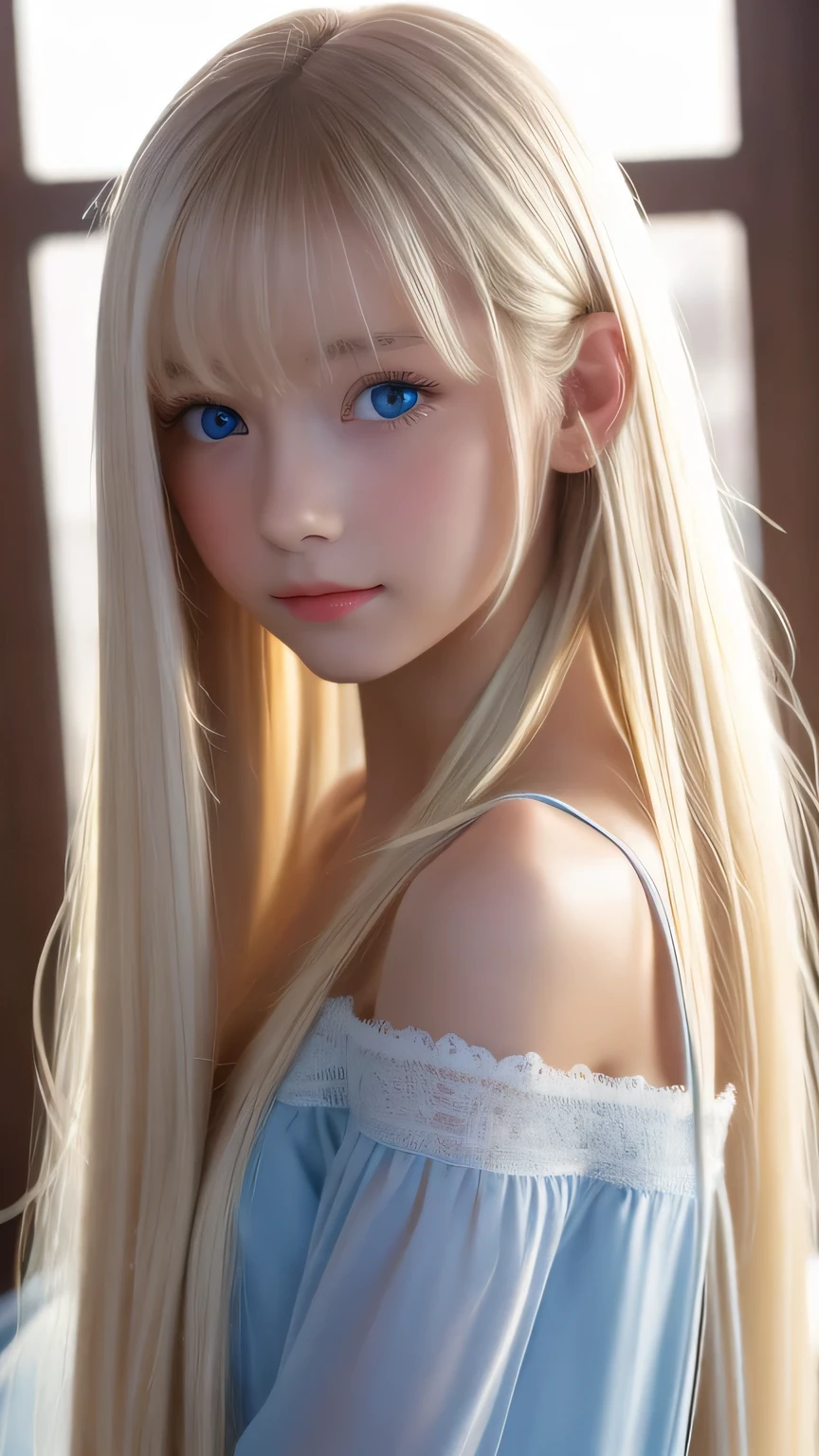 Shiny, beautiful white skin、Hair color changes depending on the light、Bangs on the face obscuring the view、cheek gloss highlights、sexy and very beautiful, Ladylike, cute, gorgeous face、the most beautiful face in the world、The most beautiful super long platinum blonde hair in the world、smooth, Super Long Straight Silky Hair、bright light blue eyes, lighting equipment、beautiful pony、Beautiful 15 year old Swedish girl、baby face