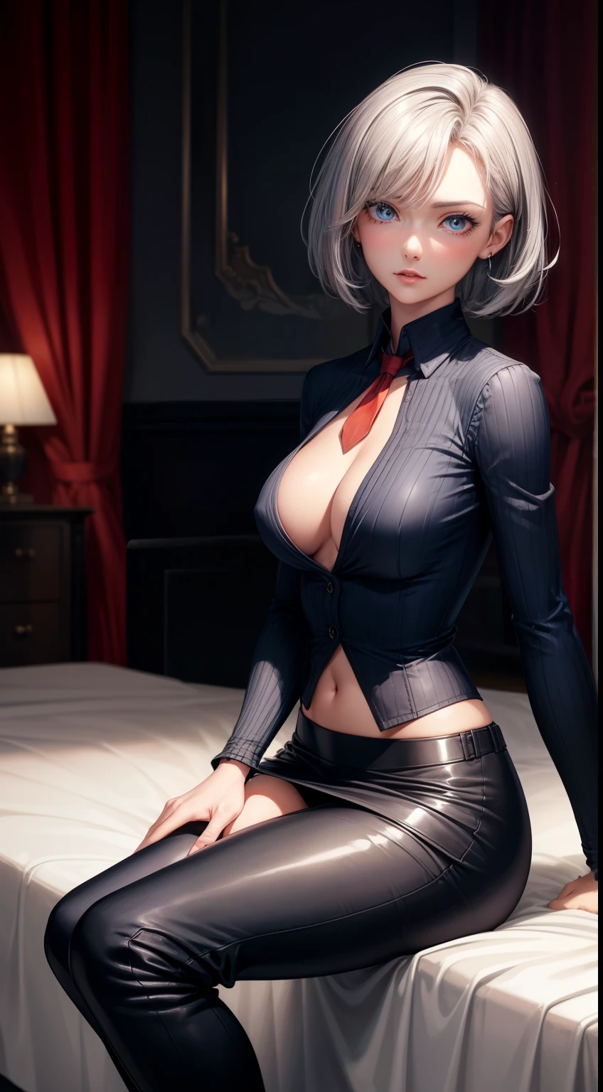 masterpiece, highest quality, high resolution, 1 girl, gray hair, short hair, blue eyes, medium breasts, OL, tie,(red underwear), pencil skirt, put your hands on your hips,Idol Master,anastasia,Knee-high boots,pants suit,((Sit on the bed,Bedroom,sexy))