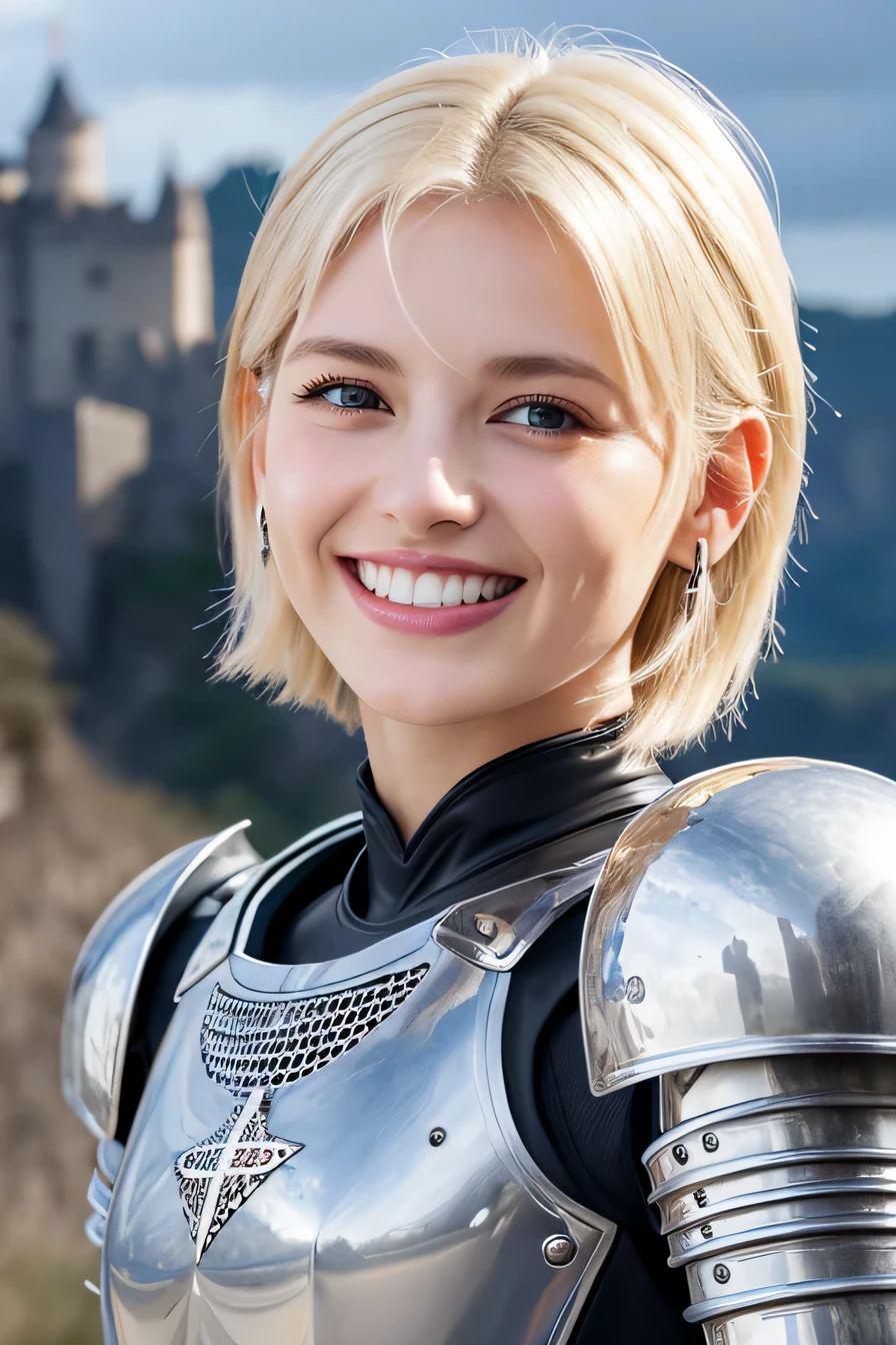 highest quality、８ｋ、female knight、The background is a castle、Luxurious Silver Armor、smile、beautiful teeth、full body photo、hairstyle short cut、ear piercing、white woman、blonde hair、blue eyes、Gummy Smile、The background is a cloudy sky、heavy makeup、mouth half open、intense々New Helmets