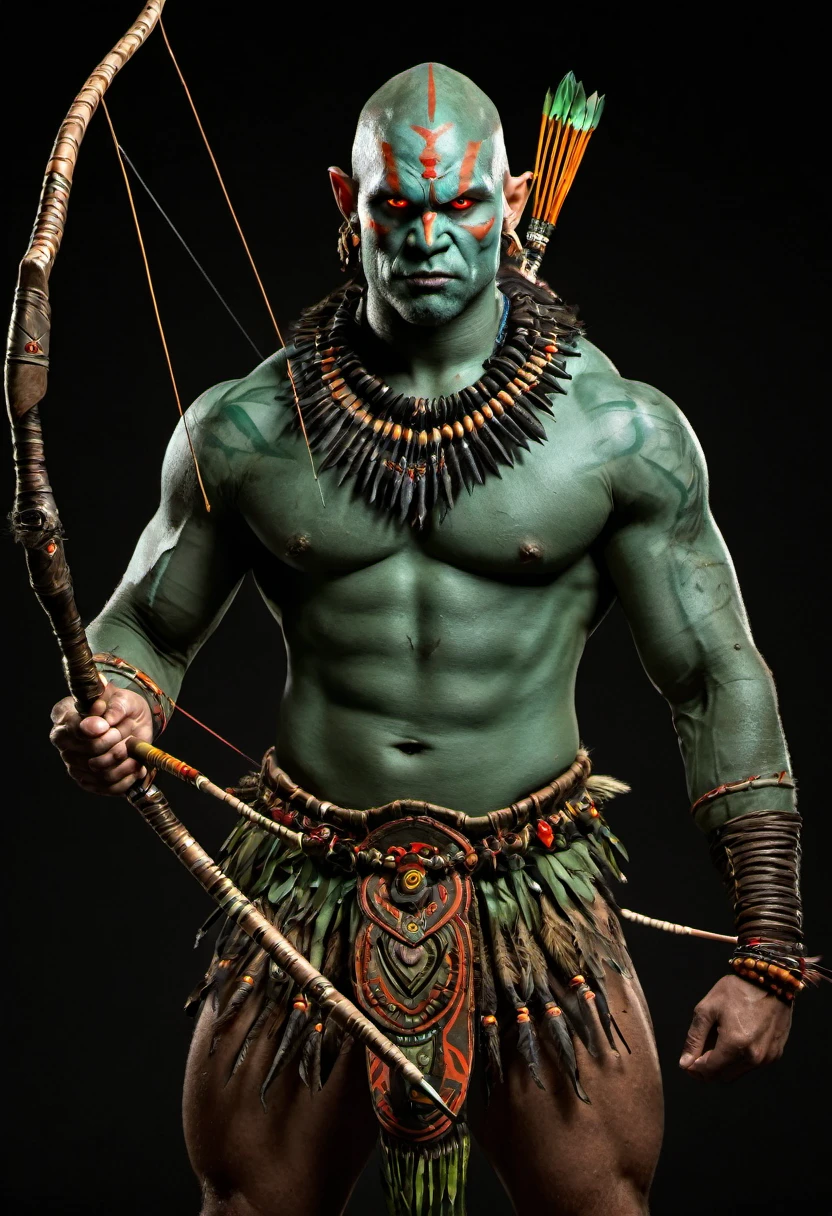 A tribal ghoul weilding bow and arrow, greenish aura faintly, ted tribal war paint on face, athletic build body, wide shoulders, muscular arms, glowing orange eyes, bald head, tribal headgear with red featers, blank background