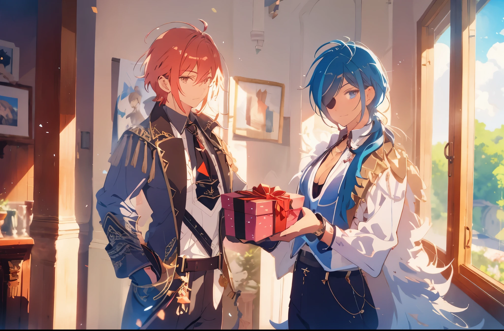 extremely delicate and beautiful, Amazing, finely detail, masterpiece, ultra-detailed, highres,best illustration, best shadow,intricate,sharp focus, high quality, 2 male man, mature, handsome, tall muscular guy, broad shoulders, blue hair, blue right eye, eyepatch, blue and white clothes, red hair, brown coat, white shirt with brown tie, high quality, anime screenshot, ((giving a gift box present)), inside an old mansion