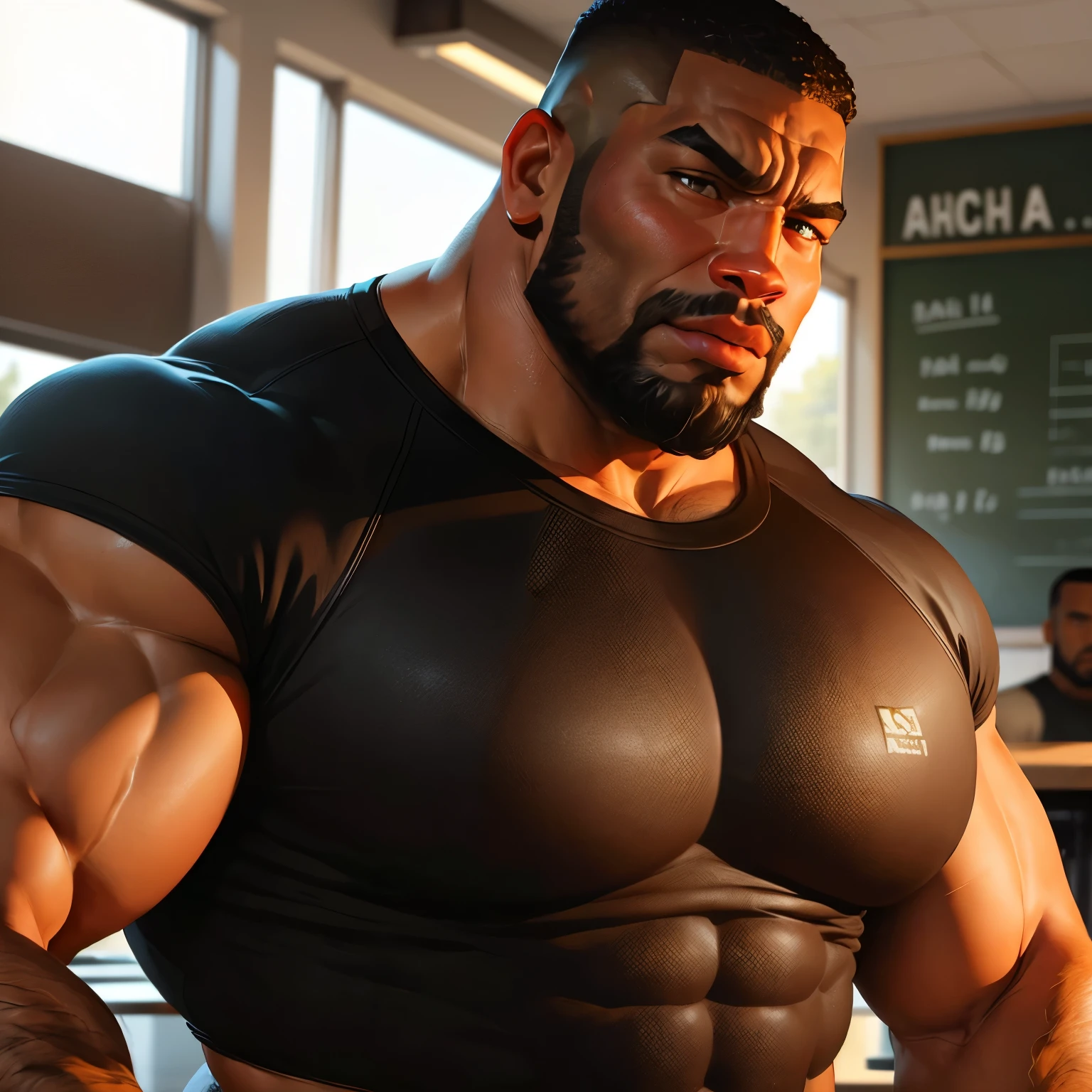 an exaggeratedly muscular and large bodyguard, beefy build, beard, dark-skinned african american male, buzzcut hair with square line, surprised expression, (wearing tight raglan shirt: 1.2), school team logo, (bara pecs: 1.3), (arm and chest hair: 1.1), close-up portrait HD, (school cafeteria)