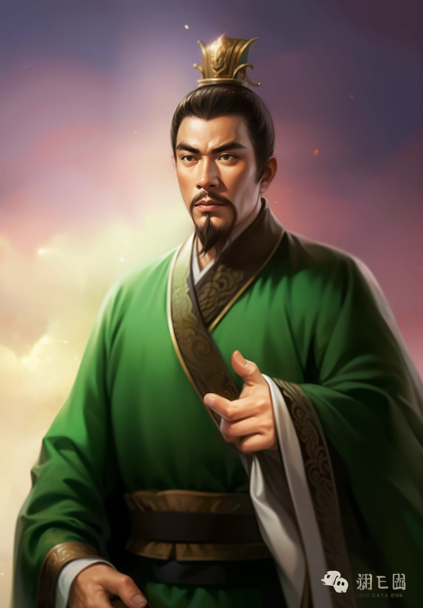 A man in a green robe、Close-up of man holding sword, bian lian, Inspired by Dong Yuan, Inspired by Cao Zhibai, Inspired by Zhao Yuan, Guan yu, Inspired by Huang Shen, liang xing, Inspired by Shenquan, Inspired by Hu Zaobin, Inspired by Wu Bin, Inspired by Zhang Wo, inspired by Zhao Mengfu