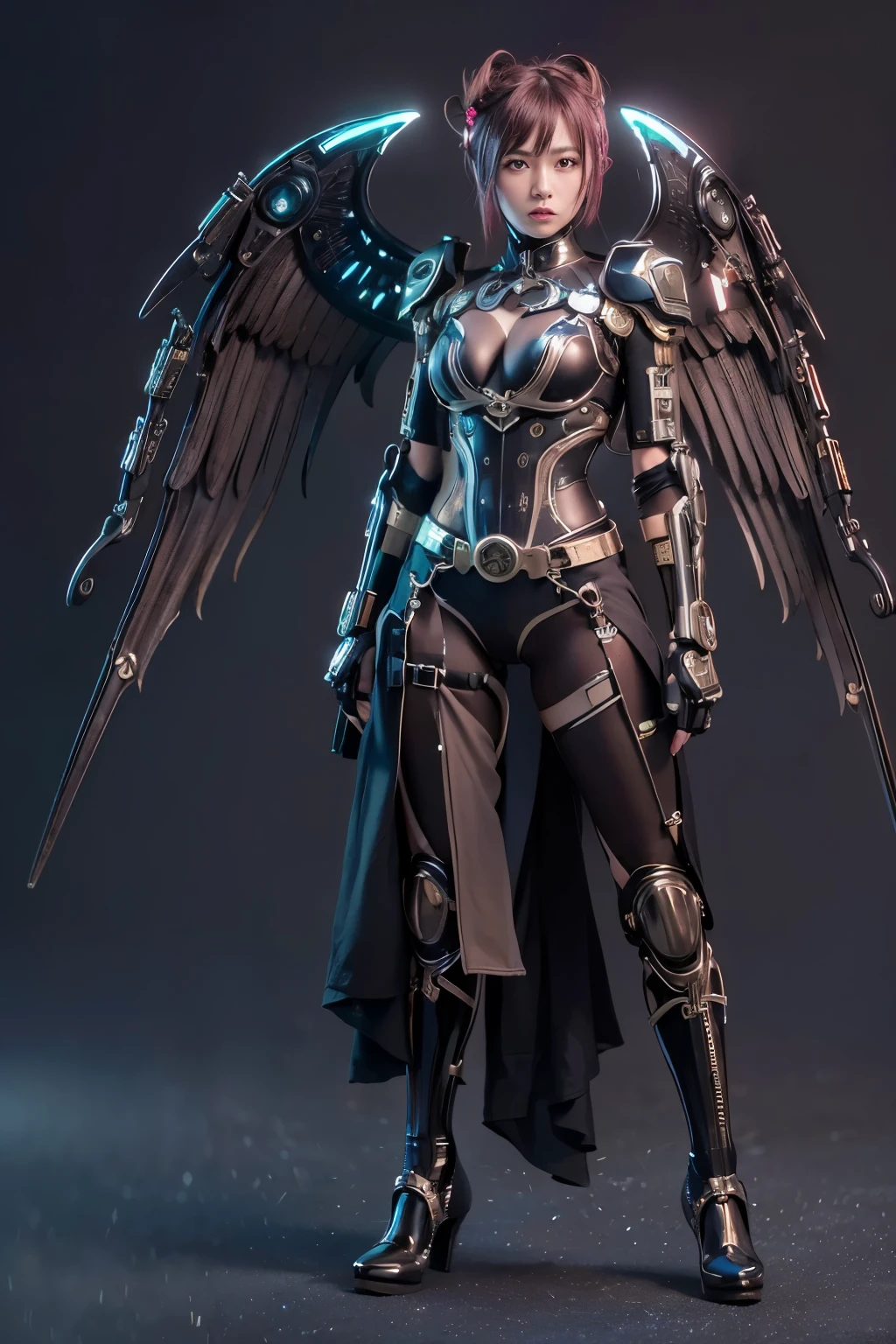 (top-quality:1.2, masterpiece)、ultra high resolution、extremely ultra surrealism, (Photorealsitic:1.4)、Raw photo、(Steampunk Battle Cyborg fallen angel)、large wings made of metal、black porcelain body、red hair、glowy skin、1 Cyborg girl、(mechanical frame:1.3)japanese, extremely cute face, ((super realistic details))、portrait、globalillumination、Shadow、octan render、8K、ultrasharp、character edge light、Details of complex ornaments、Acrylic Clear Cover、Sumerian details、Hydraulic cylinder、Small LED lamp、highly intricate detail、Realistic light、a purple eye、radiant eyes、Facing the camera、neon details、cowboy shot、Futuristic headgear、About Cyberpunk