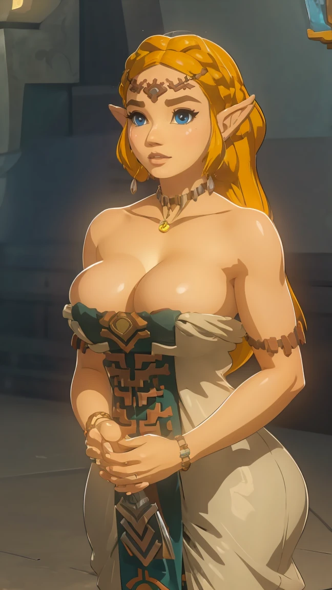 ((masterpiece)), ((best quality)), (detailed), perfect, solo, zelda, gorgeous woman, luscious lips, long hair, huge breast, deep cleavage, huge breasts, sexy, Zelda like a busty pornstar