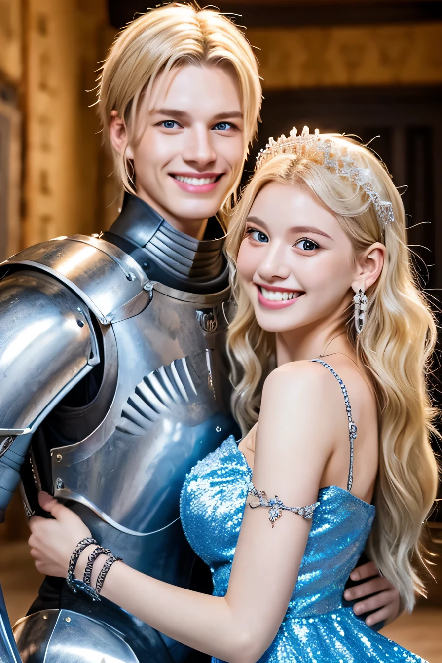 highest quality、8k、female knight、The background is a room in a castle.、Luxurious Silver Armor、smile、beautiful teeth、full body photo、hairstyle shortcut、ear piercing、white woman、blonde hair、blue eyes、Gummy Smile、、heavy makeup、mouth half open、intense々New Helmets