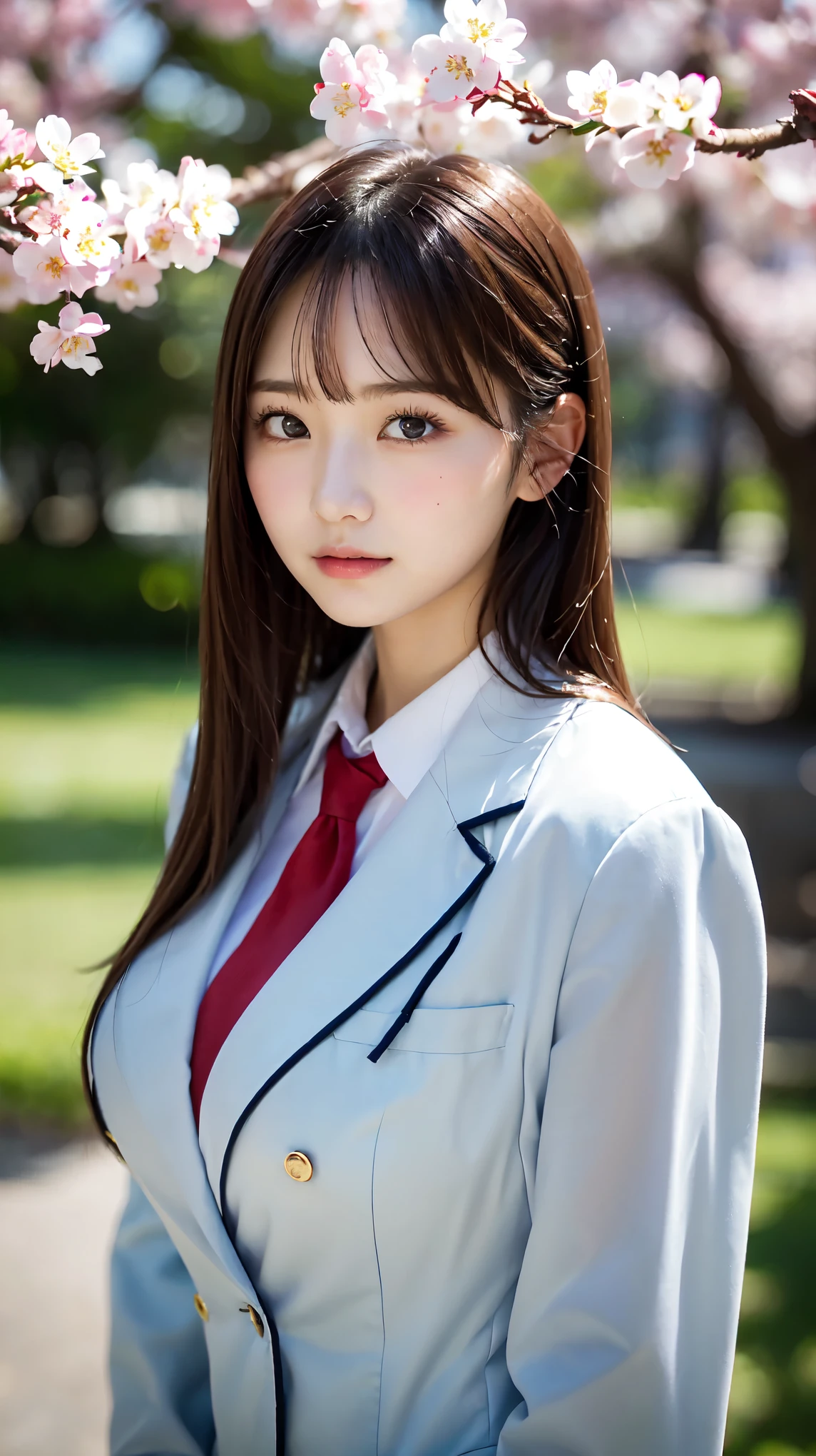 graduation ceremony、high school girl、uniform 、blazer、Cherry tree in full bloom、Cherry blossom confetti、perfect proportions、(高いest quality,8K,nffsw:1.2),(cute日本の女の子),(masterpiece、高いest quality) 、To get a clear image、Absolutely amazing images, really beautiful、masterpiece, 高いest quality,photograph, cute、(big breasts:1.2)、((18 year old female:1.2))、young adorable japanese face, soft portrait shot,8K、View viewer