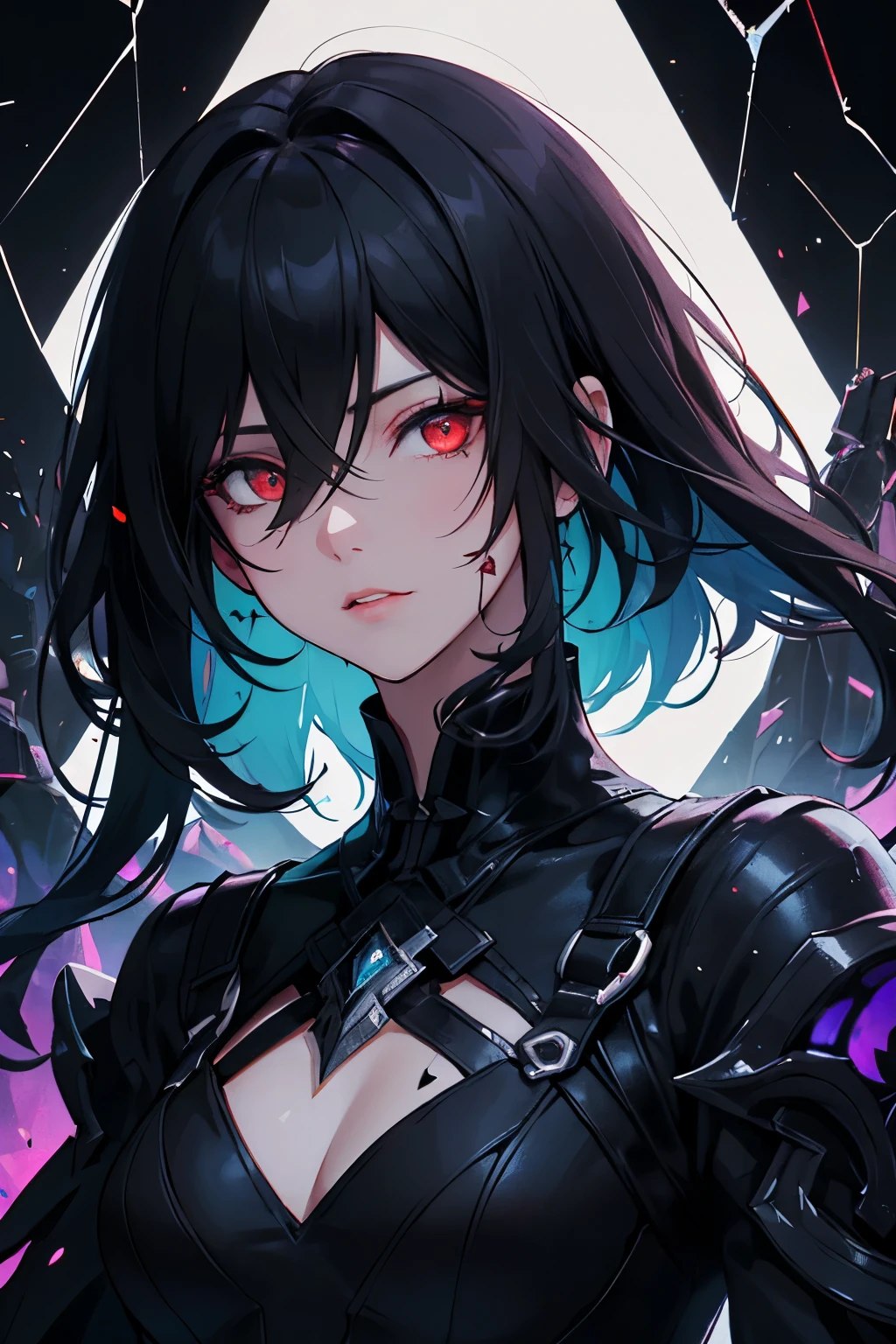 (Detailed background,dark fantasy), (Beautiful and delicate face), high contrast, (best lighting, extremely delicate and beautiful), ((film light)), rich and colorful, Ultra-detailed, dramatic light, intricate details, (1 girl, alone,black hair, Pointed face,Red eyes, hair between eyes,Dynamic angle), blood spatter, Black light swirling around the character, depth of field,black light particles,(shattered glass),
