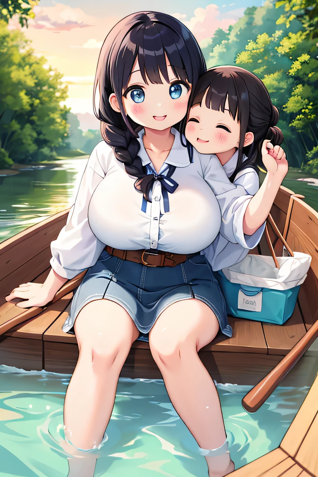 NSFW,Ayane Rugetsu,(eye glass:1.2)、blondehair、Long hair、1girl in,(1boy;1),(breast sucking:1.3),(nursing),(lactation:1.1),(Breast milk:1.1),(The bikini:1.4),(huge-breasted:1.2),(show off nipples:1.2),Beach,blush,Smile,Showing
