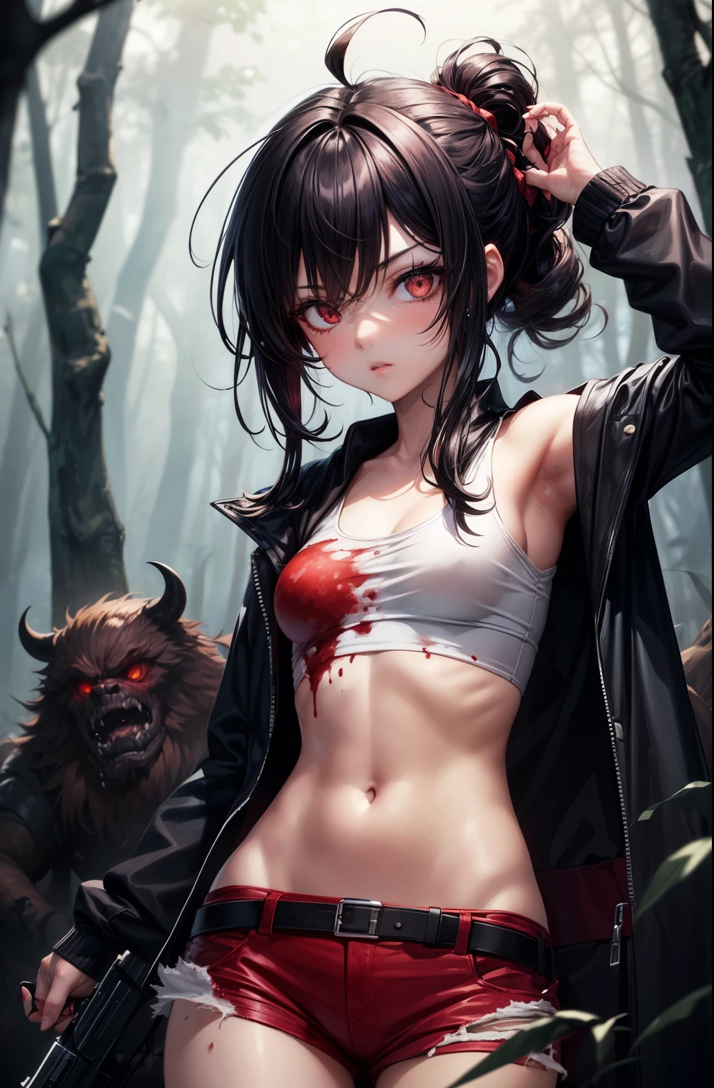 (((1girl))), ((((solo)))), ((messy hairstyle)), Neverland anime vibe, monsters, blood, dynamic pose,forest, scared, holding a gun,hiding from monsters (((Reddish-black hair)), white and red eyes, different eyes color, ripped clothes, anime vibe 