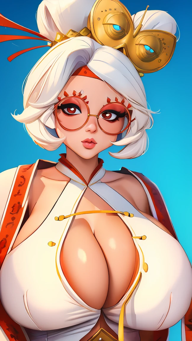 ((masterpiece)), ((best quality)), (detailed), perfect, solo, purah, gorgeous woman, luscious lips, white hair, huge breasts, sexy, Purah like a busty pornstar