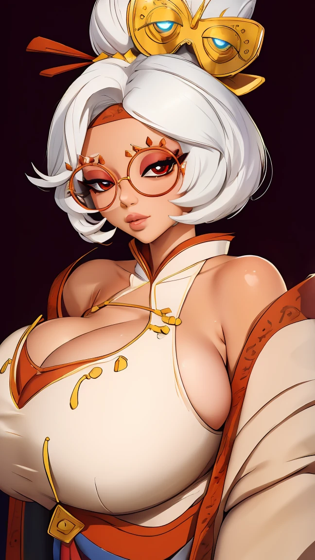 ((masterpiece)), ((best quality)), (detailed), perfect, solo, purah, gorgeous woman, luscious lips, white hair, huge breasts, sexy, Purah like a busty pornstar