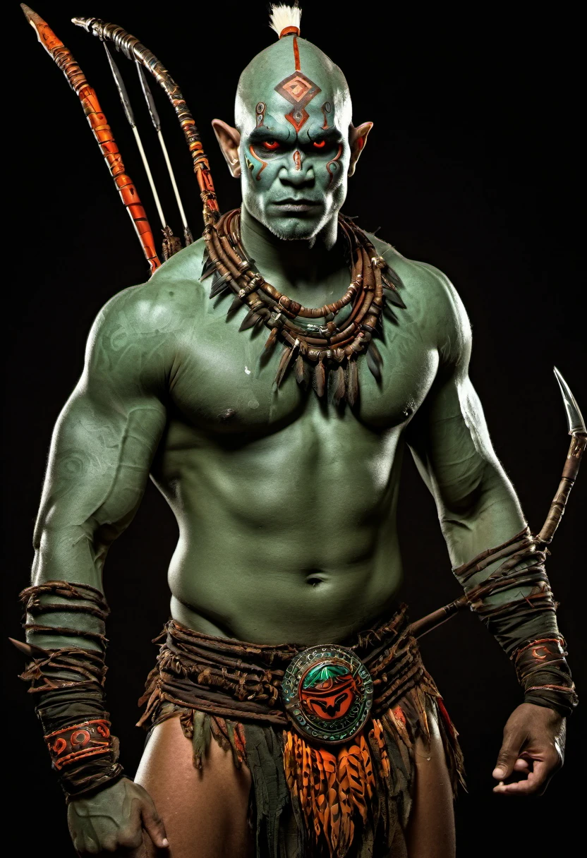 Create a short-haired red-haired male half-orc with a necklace of teeth around his neck and a tribal tattoo on his left arm and one blind eye