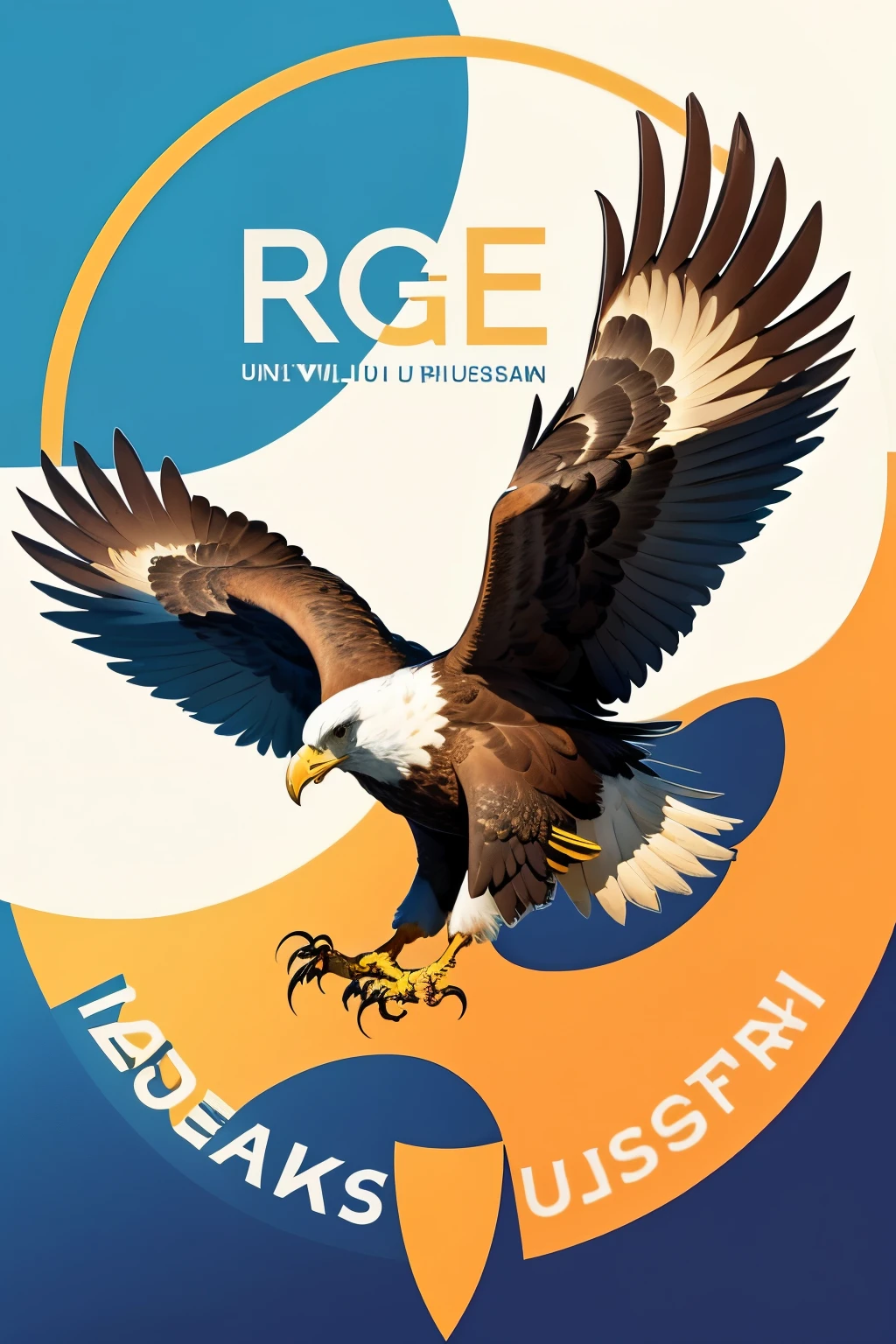 Create a logo for Roger Williams University. It is a circular sticker with a bald eagle in the center. The eagle has its wings spread out and is looking to the left. The text "ROGER WILLIAMS UNIVERSITY" is written in a circle around the eagle. Below the eagle is the text "HAWKS" in a larger font.

Shape: circle
Animal: bald eagle, with wings spread out, facing left
Text: Include the full name of the university and a mascot name. You can choose a different animal for the mascot if you don’t want to use a hawk.
Colors: Use the same colors (blue, gold, and white) or a different color scheme.