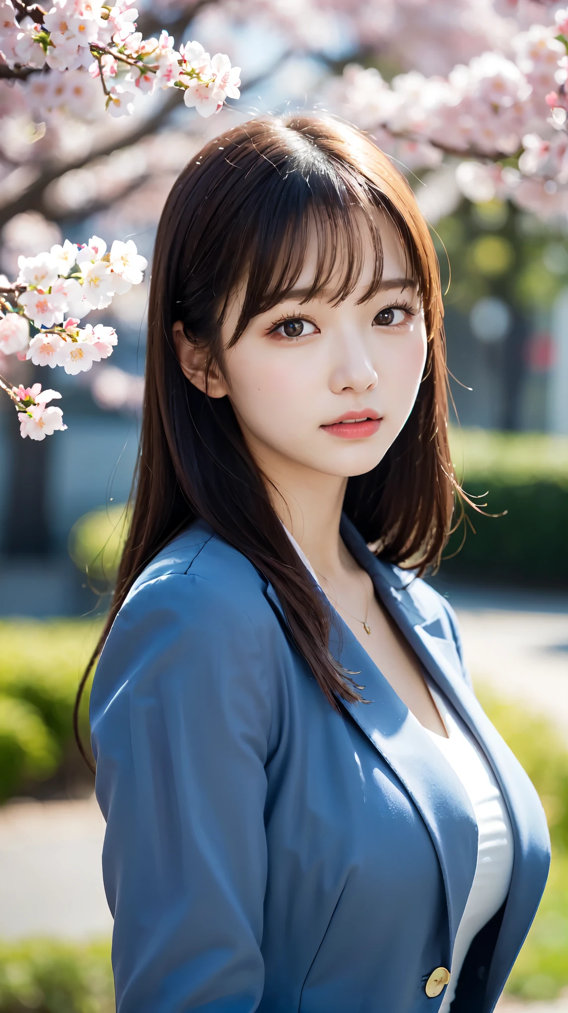 graduation ceremony、high school girl、uniform 、navy blue blazer、Cherry tree in full bloom、Cherry blossom confetti、perfect proportions、cute、(big breasts:1.2)、((18 year old female:1.2))、young adorable japanese face,official art,Highly detailed CG Unity 8K wallpaper,(masterpiece:1.0),(highest quality:1.0), 超A high resolution,4k,Super detailed, photo shoot, 8K, nffsw, High resolution, kodak portrait 400, film grain, lens flare glow,高いest quality,8K,nffsw:1.2),portrait shot,8K、View viewer