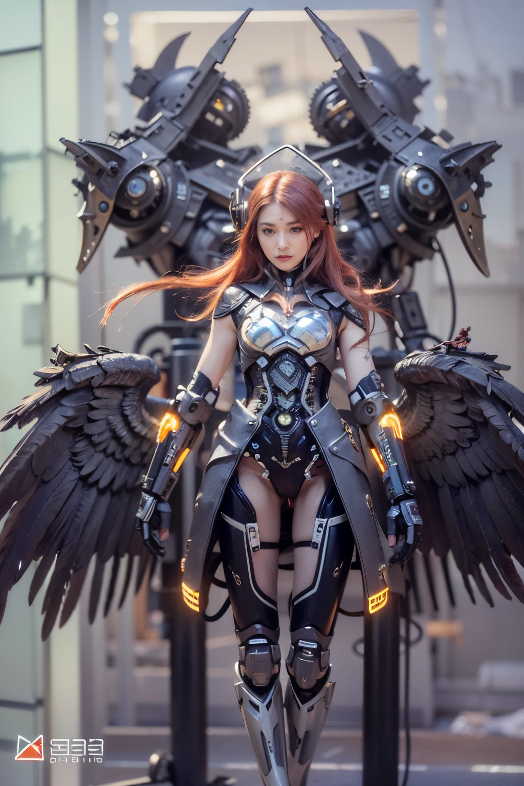 (top-quality:1.2, masterpiece)、ultra high resolution、extremely ultra surrealism, (Photorealsitic:1.4)、Raw photo、(Steampunk Battle Cyborg fallen angel)、large wings made of metal、black porcelain body、red hair、glowy skin、1 Cyborg girl、(mechanical frame:1.3)japanese, extremely cute face, ((super realistic details))、portrait、globalillumination、Shadow、octan render、8K、ultrasharp、character edge light、Details of complex ornaments、Acrylic Clear Cover、Sumerian details、Hydraulic cylinder、Small LED lamp、highly intricate detail、Realistic light、a purple eye、radiant eyes、Facing the camera、neon details、cowboy shot、Futuristic headgear、About Cyberpunk