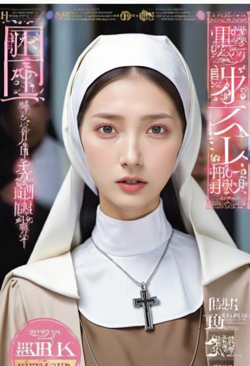 magazine cover,(nun )(((scared expression)))blush,(((masterpiece))), ((best quality)), ((intricate details)), ((surreal))(8K)