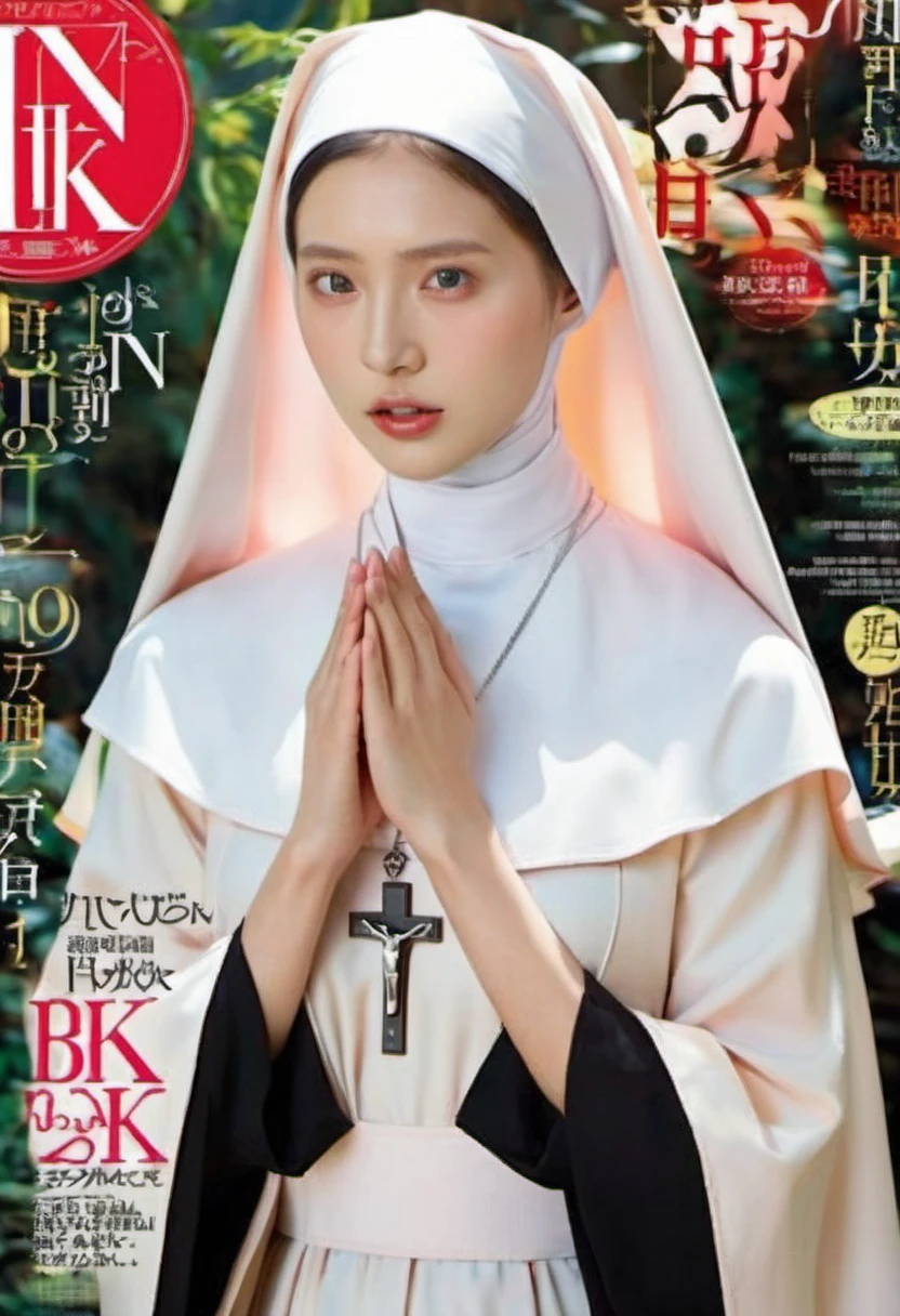 magazine cover，(nun ）（（（scared expression）））blush，（（（masterpiece）））， （（best quality））， （（intricate details））， （（surreal））（8K）