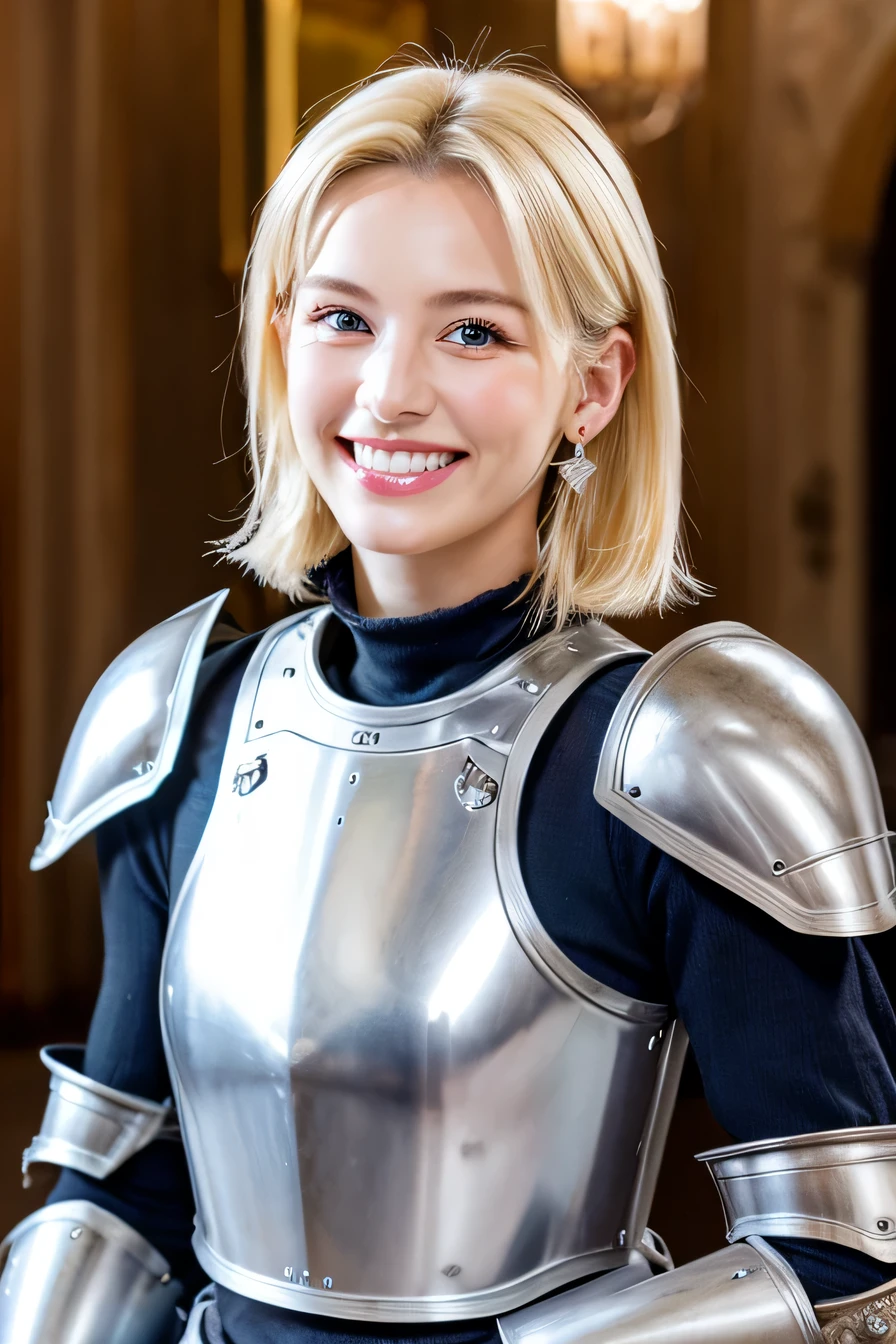 highest quality、8k、female knight、The background is a room in a castle.、Luxurious Silver Armor、smile、beautiful teeth、full body photo、hairstyle shortcut、ear piercing、white woman、blonde hair、blue eyes、Gummy Smile、、heavy makeup、