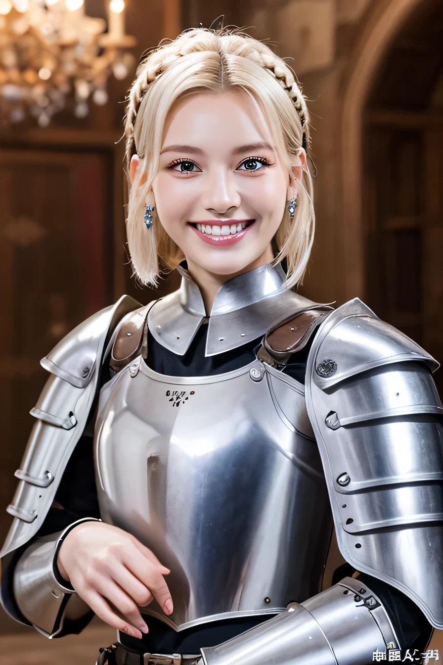 highest quality、8k、female knight、The background is a room in a castle.、Luxurious Silver Armor、smile、beautiful teeth、full body photo、hairstyle shortcut、ear piercing、white woman、blonde hair、blue eyes、Gummy Smile、、heavy makeup、