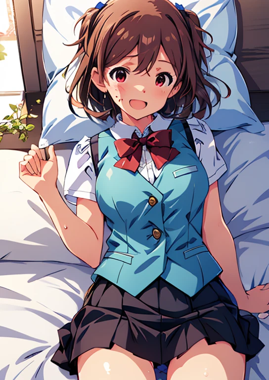 kasuga mirai(million live), (highest quality, 8K, masterpiece, Super detailed:1.2), (Lens flare, particles of light, shine), big breasts, smile, open your mouth, masterpiece, highest quality, Super detailed, High resolution, Very detailed CG, (official art), red bow tie, vest, plaid skirt, Light blue skirt , ((NSFW)), perfect body,sexy, panty shot,((M-shaped spread legs)), (spread your legs),raise your legs, (embarrassing:1.1), (blush:1.2), (orgasm:1.2), open your mouth, (shout:1.1), (moving line:1.1), Sweat, heavy breathing, Expansion Division,  penis, sex, sex with men, {{amazon location}}, Bedroom, white sheets, pillow, 