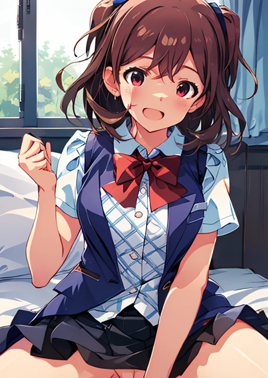 kasuga mirai(million live), (highest quality, 8K, masterpiece, Super detailed:1.2), (Lens flare, particles of light, shine), big breasts, smile, open your mouth, masterpiece, highest quality, Super detailed, High resolution, Very detailed CG, (official art), red bow tie, vest, plaid skirt, Light blue skirt , ((NSFW)), perfect body,sexy, panty shot,((M-shaped spread legs)), (spread your legs),raise your legs, (embarrassing:1.1), (blush:1.2), (orgasm:1.2), open your mouth, (shout:1.1), (moving line:1.1), Sweat, heavy breathing, Expansion Division,  penis, sex, sex with men, {{amazon location}}, Bedroom, white sheets, pillow, 