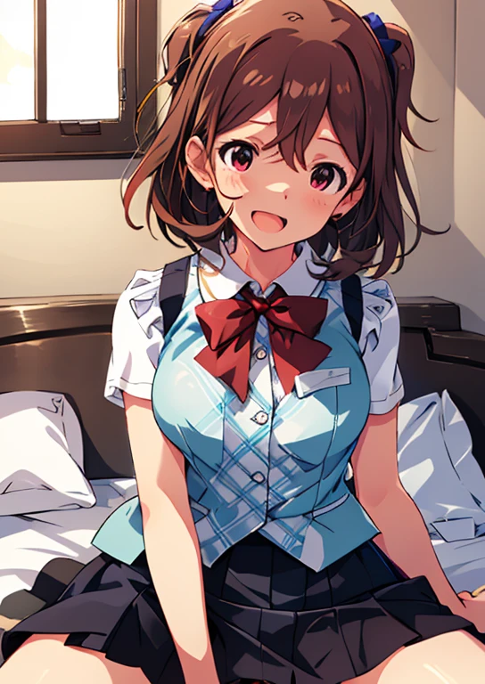 kasuga mirai(million live), (highest quality, 8K, masterpiece, Super detailed:1.2), (Lens flare, particles of light, shine), big breasts, smile, open your mouth, masterpiece, highest quality, Super detailed, High resolution, Very detailed CG, (official art), red bow tie, vest, plaid skirt, Light blue skirt , ((NSFW)), perfect body,sexy, panty shot,((M-shaped spread legs)), (spread your legs),raise your legs, (embarrassing:1.1), (blush:1.2), (orgasm:1.2), open your mouth, (shout:1.1), (moving line:1.1), Sweat, heavy breathing, Expansion Division,  penis, sex, sex with men, {{amazon location}}, Bedroom, white sheets, pillow, 