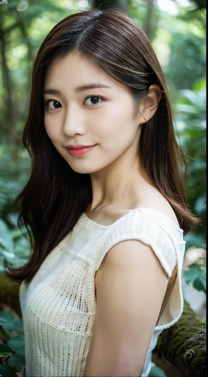（8K，RAW photo，best highest quality，master masterpiece：1.2），（realistic，Realistic and realistic：1.37），professional lighting，photon mapping，radio city，low cut，huge ，buttocks，Japanese beauty，In the forest in the background，dress，small white shoes，Highly detailed face and skin texture, detailed eye, double eyelid，whiten skin，I have long hair,(closed mouth:1.3)，smile