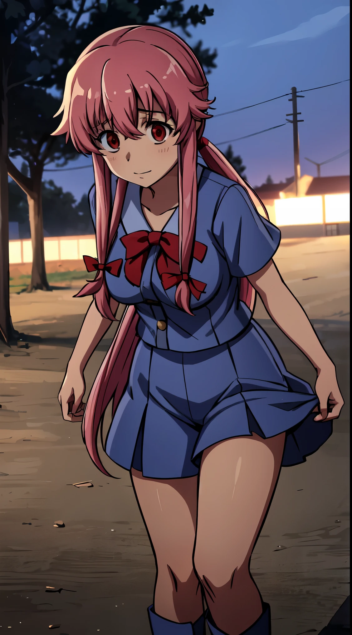 In this scene, Yuno Gasai is depicted as a camp counselor working at a summer camp. During the day, she exudes sweetness and kindness, earning the trust and admiration of both campers and staff members. However, as night falls, a chilling transformation occurs within her. The once sweet and innocent expression on her face gives way to a look of insanity and unrestrained madness. 

Clad in her camp counselor's uniform, complete with shorts and boots, Yuno embodies a deceptive appearance that conceals her dark and sinister impulses. The juxtaposition of her daytime and nighttime personas creates a sense of unease and fear, as those around her may never suspect the dangerous duality that lies beneath her facade. 

As Yuno's murderous tendencies are unleashed under the cover of night, the peaceful surroundings of the summer camp are suddenly filled with an air of dread and tension. Her unpredictable nature and ability to switch between innocence and insanity heighten the suspense of the scene, leaving both characters and readers on edge. (large breasts:1.1), red eyes, happy,