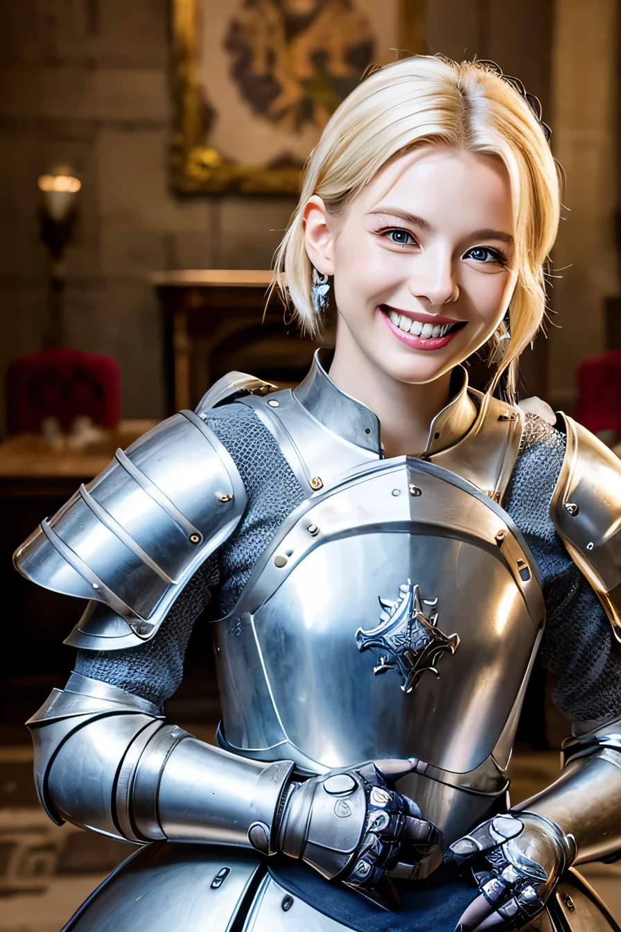highest quality、8k、female knight、The background is a room in a castle.、Luxurious Silver Armor、smile、beautiful teeth、full body photo、hairstyle shortcut、ear piercing、white woman、blonde hair、blue eyes、Gummy Smile、、heavy makeup、