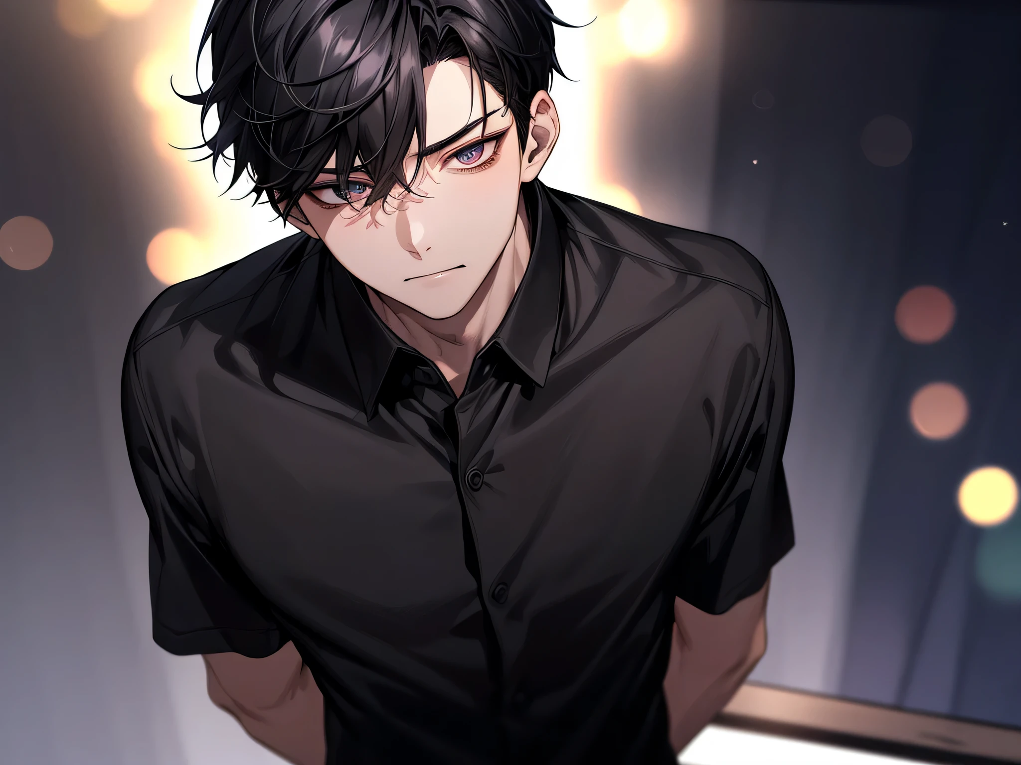 upperbody, face close up,23 year old male,1 boy、black hair、black shirt,,from below,Angle from below,Horny,nervous look,((Midnight Room)),background bokeh