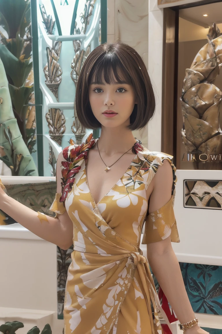 (((masterpiece, highest quality, Super detailed))), 1 female, (((very thin body))) , (((length, thin legs))), (((nice black short hair, thick and fluffy bangs ))), (((highly detailed face))), cosmetics free, small, thin nose, small thin mouth, (((Very sharp focused eyes))), Japanese, beautiful face, smile,(lifelike face), beautiful hairstyle, realistic eyes, fine and beautiful eyes, (real looking skin), beautiful skin, charm, ultra high resolution, surreal, high detail, golden ratio, (detail makeup:1.2),(BREAK ((Scenery of Ala Moana Center, Hawaii):1.5), ((Chic and sophisticated, stores and shopping center):1.5), (Transparent elevator):1.5), (Calm indoor atmosphere), (Glamorous touristy atmosphere):1.2), (Depth feeling):1.3, (long shot):1.2, (Bohemian Style Printed Wrap Dress With V-Neck:1.4)),turquoise blue,Striped
