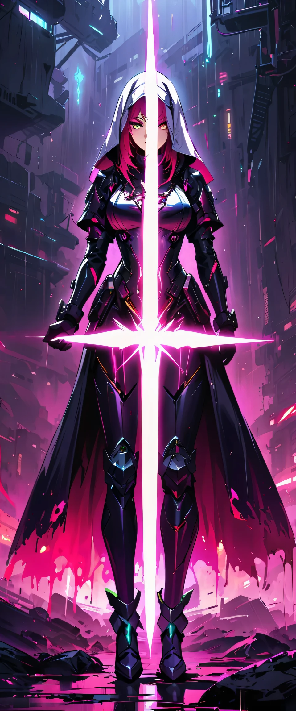 cyberpunk style,Fighting Nun,Glowing tattoo on forehead,beautiful eyes,beautiful lips,avant-garde,confidence,Wearing a white headscarf,Gloves,Wearing a sacred cross necklace,With a glowing energy sword,Technology implantation,Cybernetics arm,Equipped with futuristic armor,Metal high heels,Their armor gleamed in the rain,Demonstrates its advanced technology and durability。Scenes shot in the highest quality,Make sure every detail comes to life。The color scheme is mainly dark and moody.,Emphasizes the sense of danger and suspense。The lighting is dramatic,Combines sharp highlights and dark shadows,Create a dynamic and immersive atmosphere。